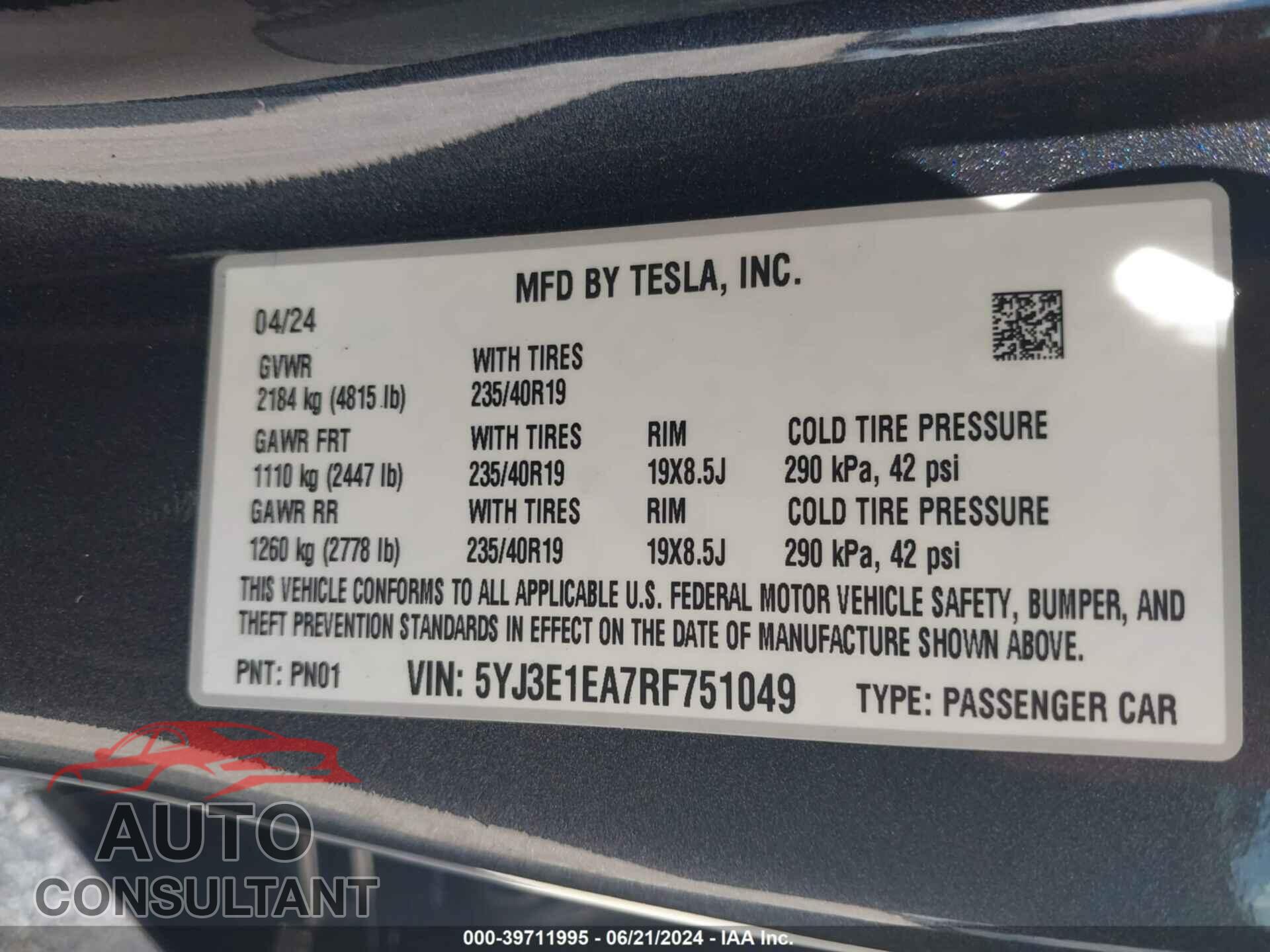 TESLA MODEL 3 2024 - 5YJ3E1EA7RF751049