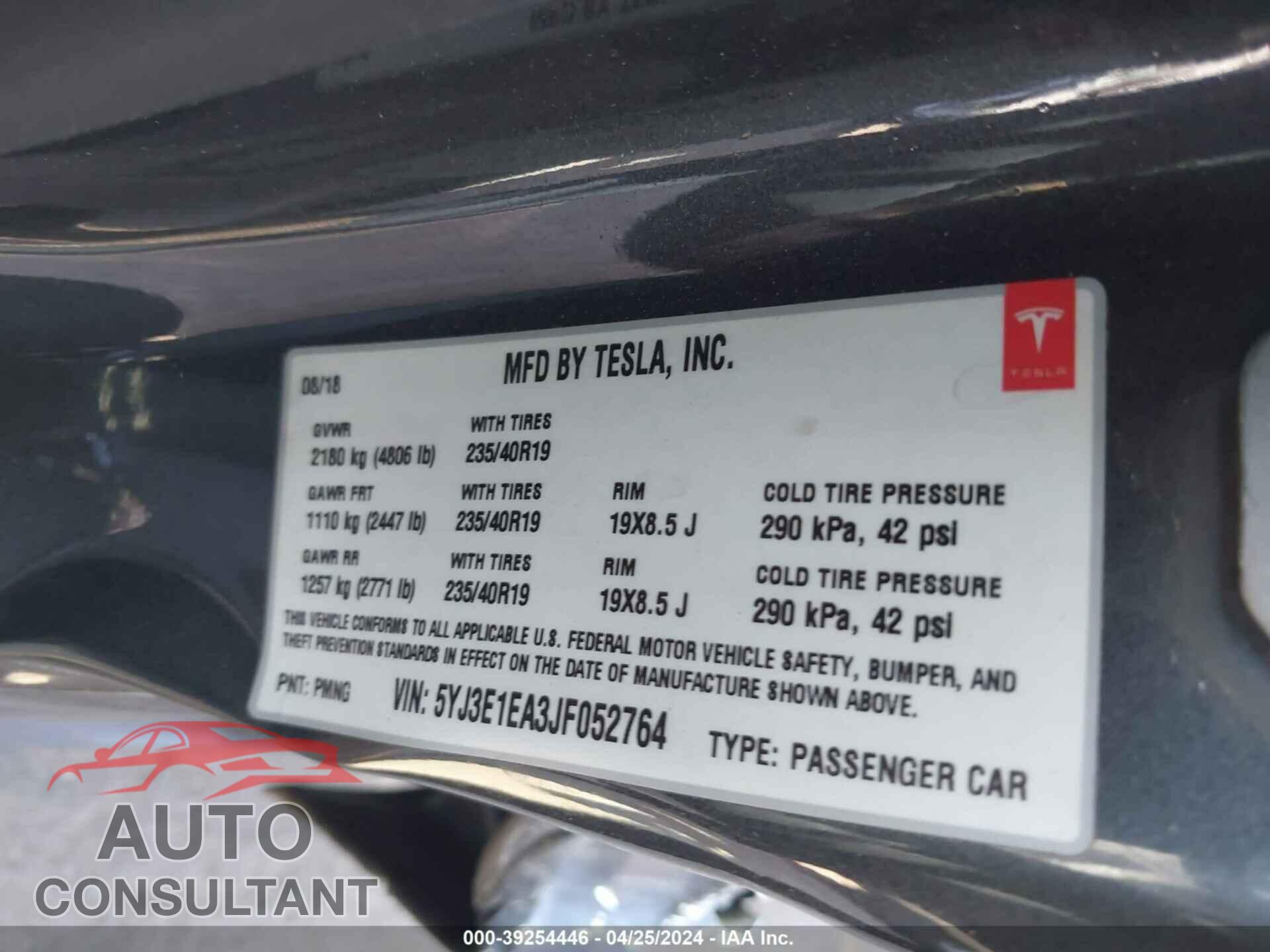 TESLA MODEL 3 2018 - 5YJ3E1EA3JF052764