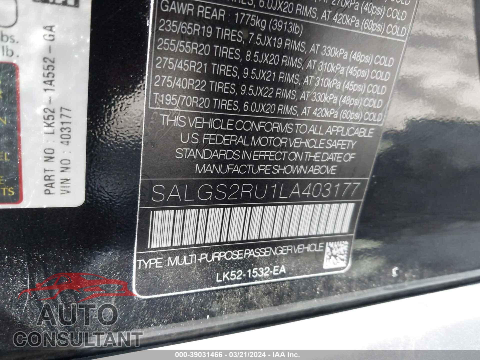 LAND ROVER RANGE ROVER 2020 - SALGS2RU1LA403177