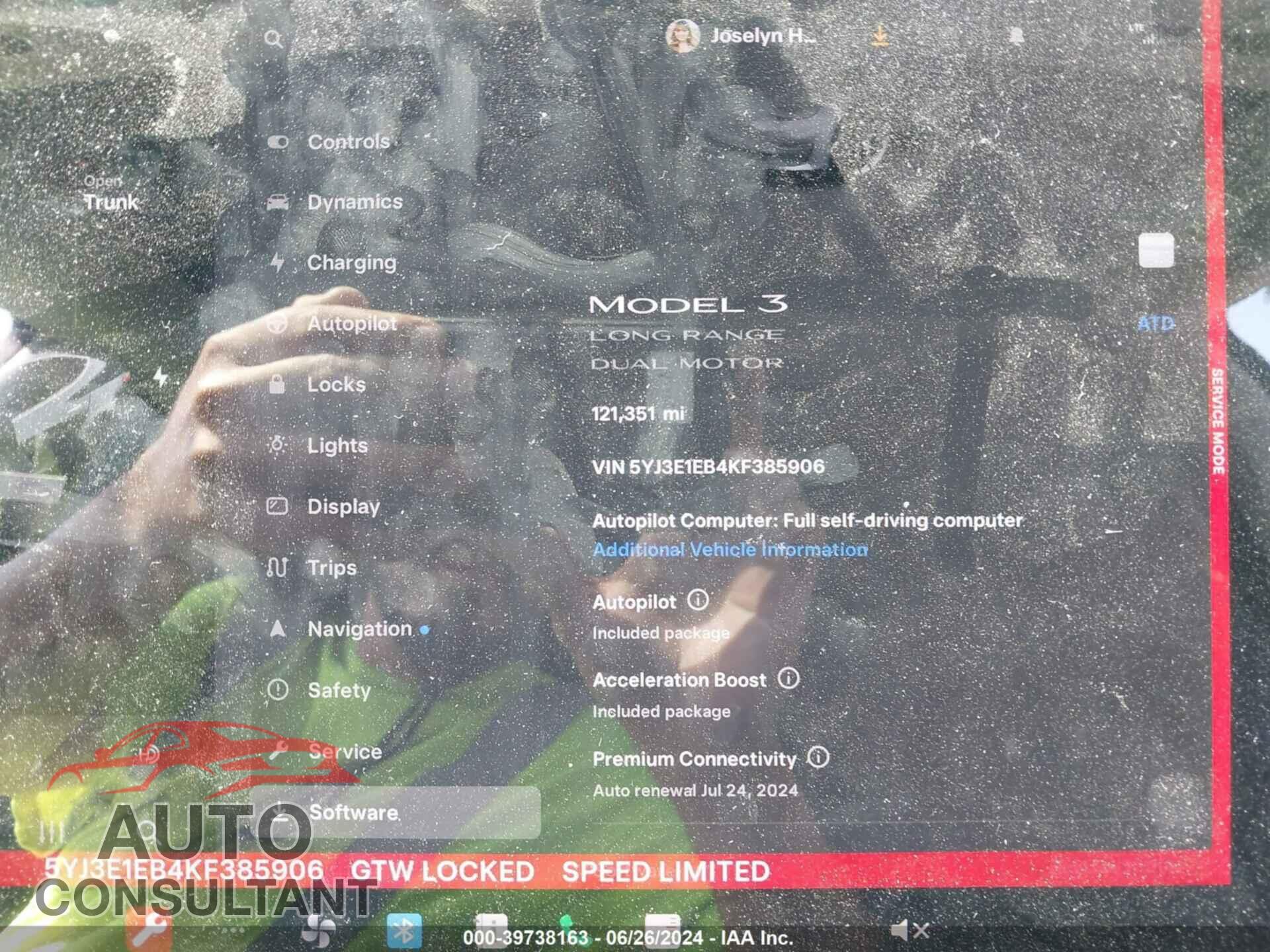 TESLA MODEL 3 2019 - 5YJ3E1EB4KF385906