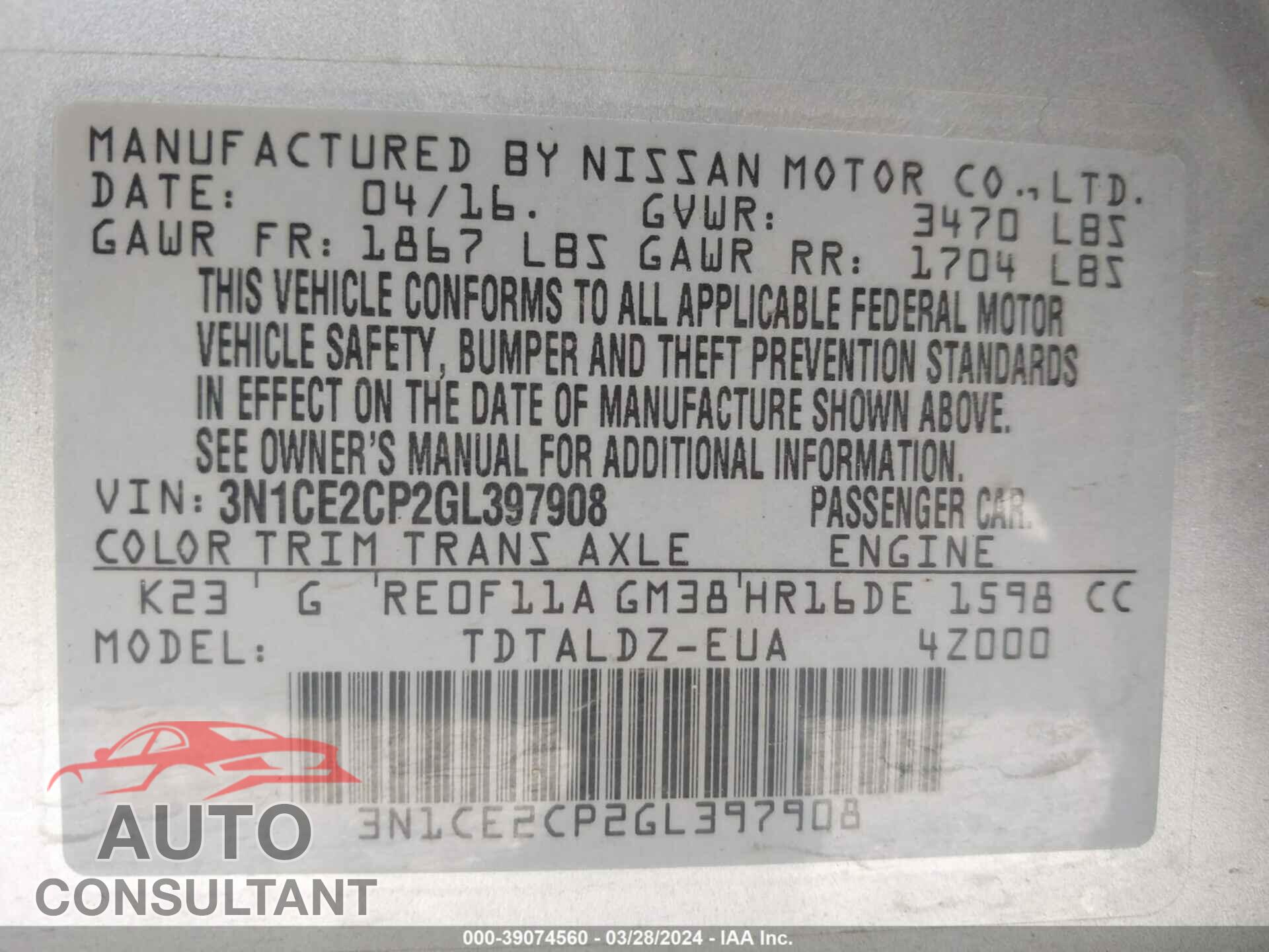 NISSAN VERSA NOTE 2016 - 3N1CE2CP2GL397908