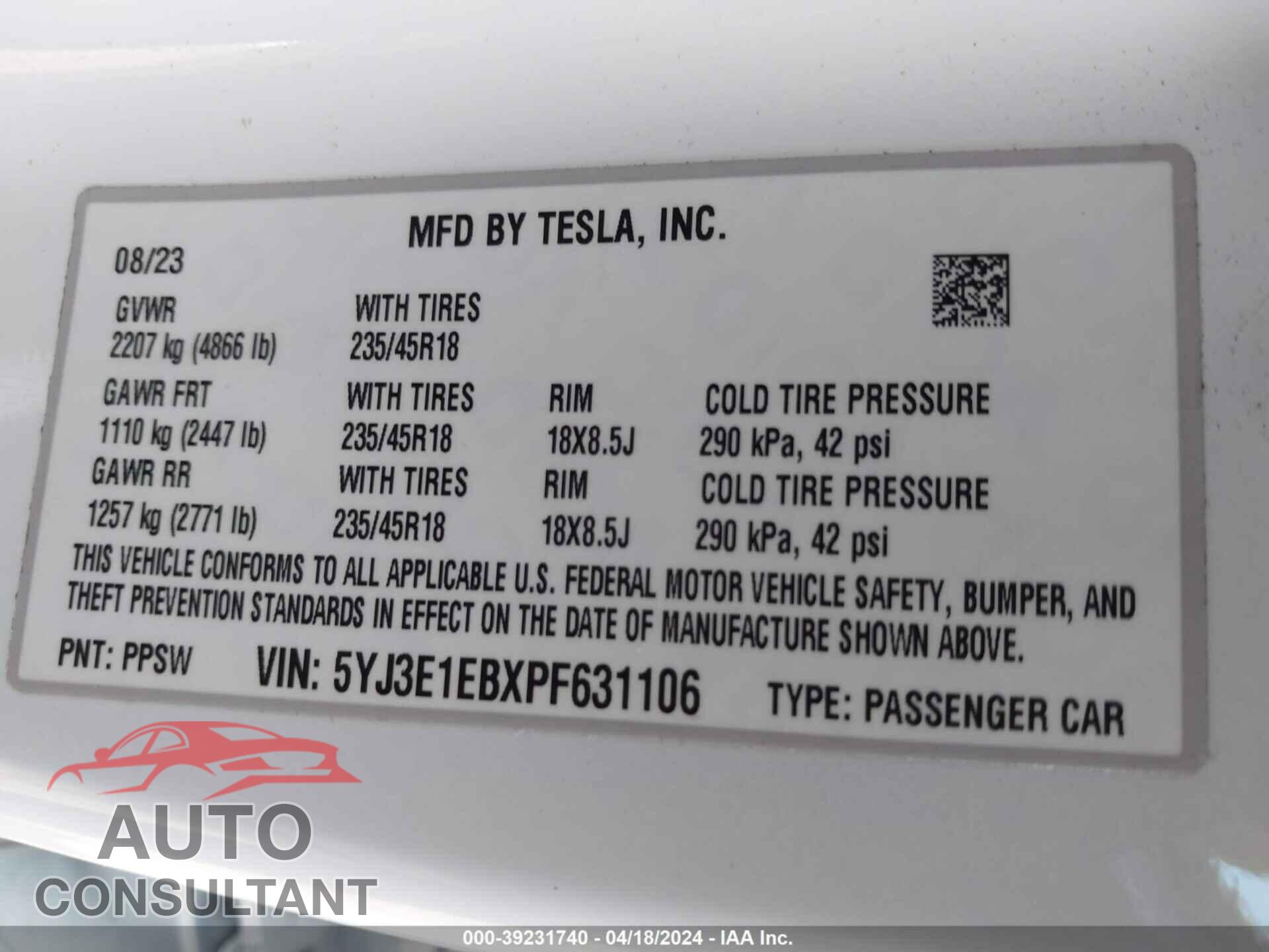 TESLA MODEL 3 2023 - 5YJ3E1EBXPF631106