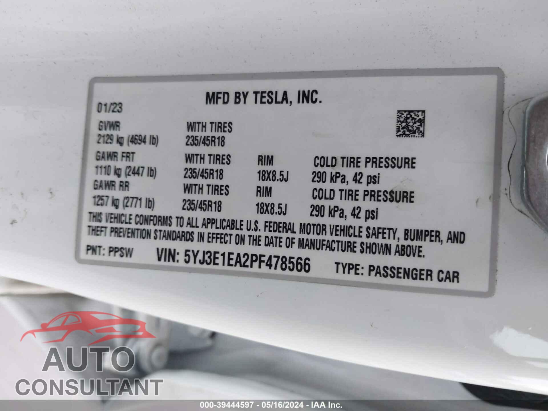 TESLA MODEL 3 2023 - 5YJ3E1EA2PF478566