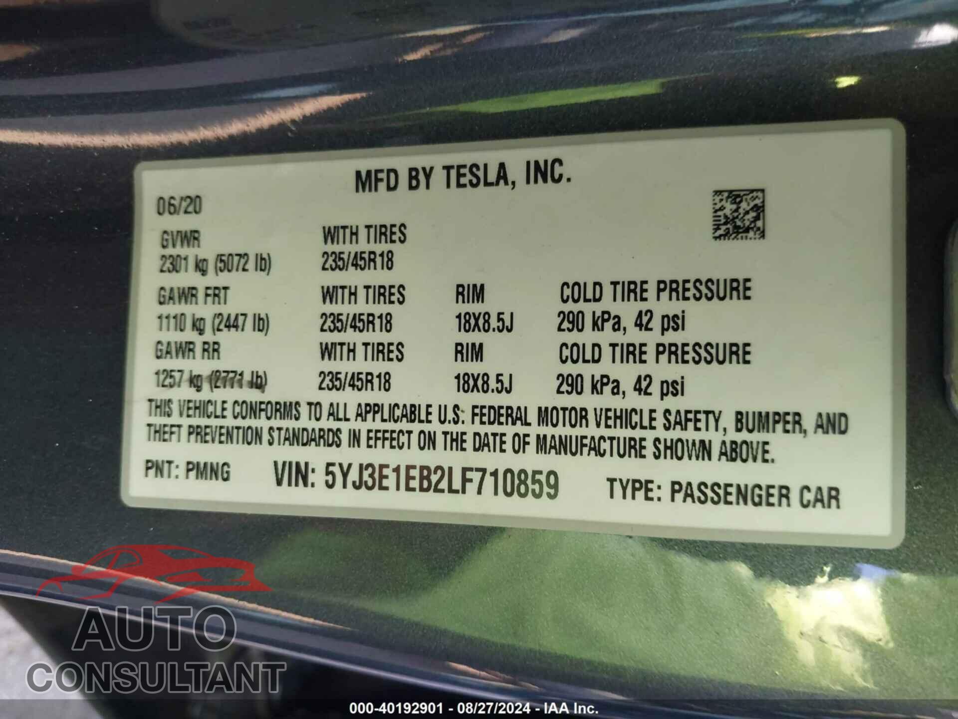 TESLA MODEL 3 2020 - 5YJ3E1EB2LF710859