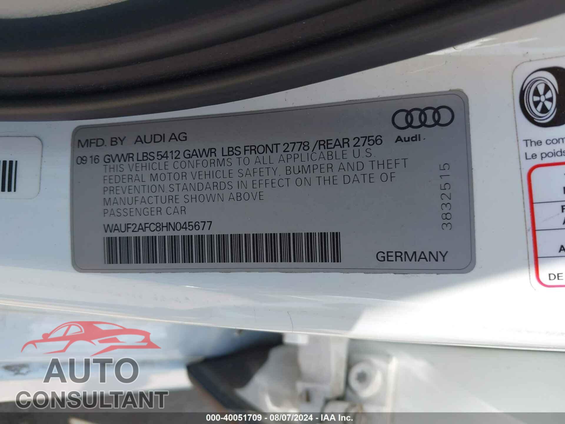 AUDI A6 2017 - WAUF2AFC8HN045677
