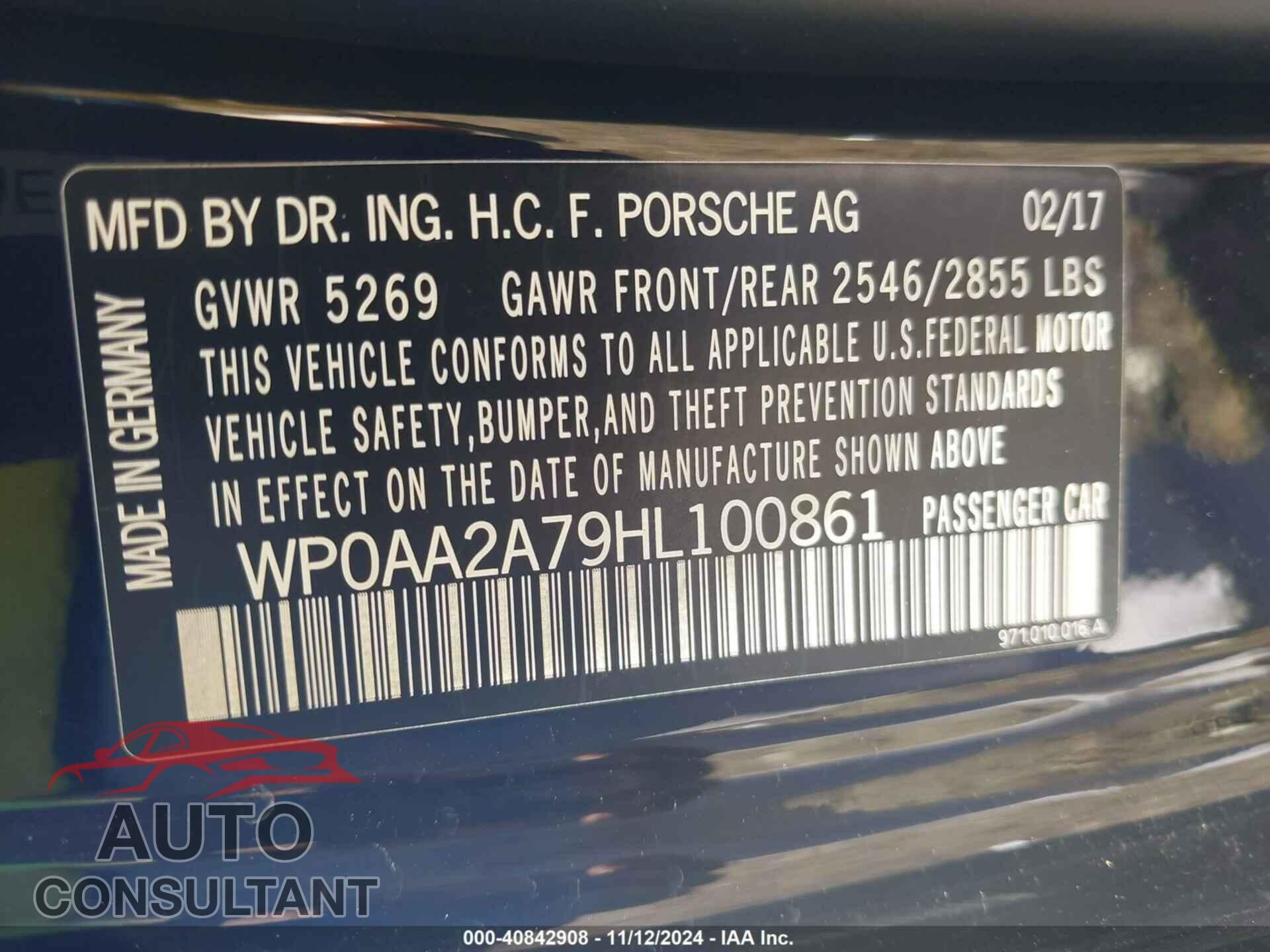 PORSCHE PANAMERA 2017 - WP0AA2A79HL100861