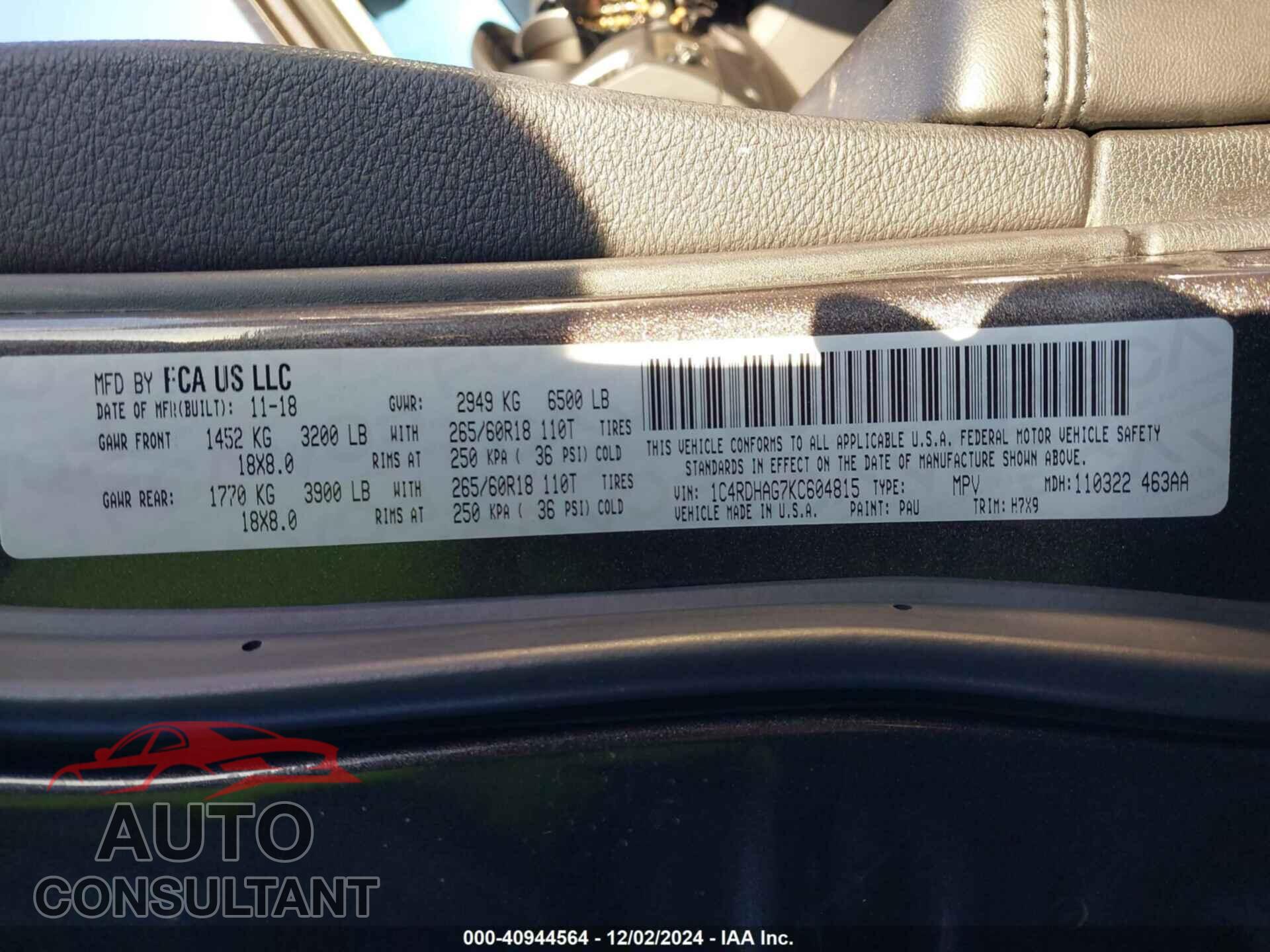 DODGE DURANGO 2019 - 1C4RDHAG7KC604815