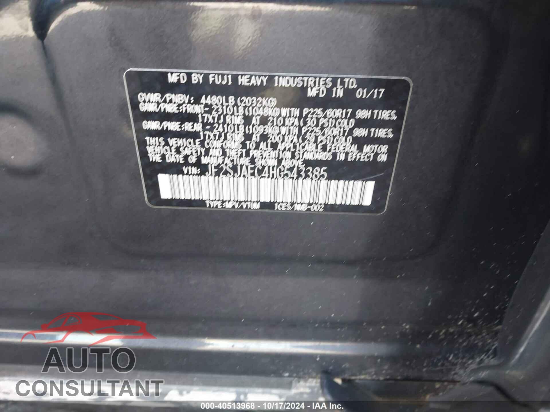 SUBARU FORESTER 2017 - JF2SJAEC4HG543385