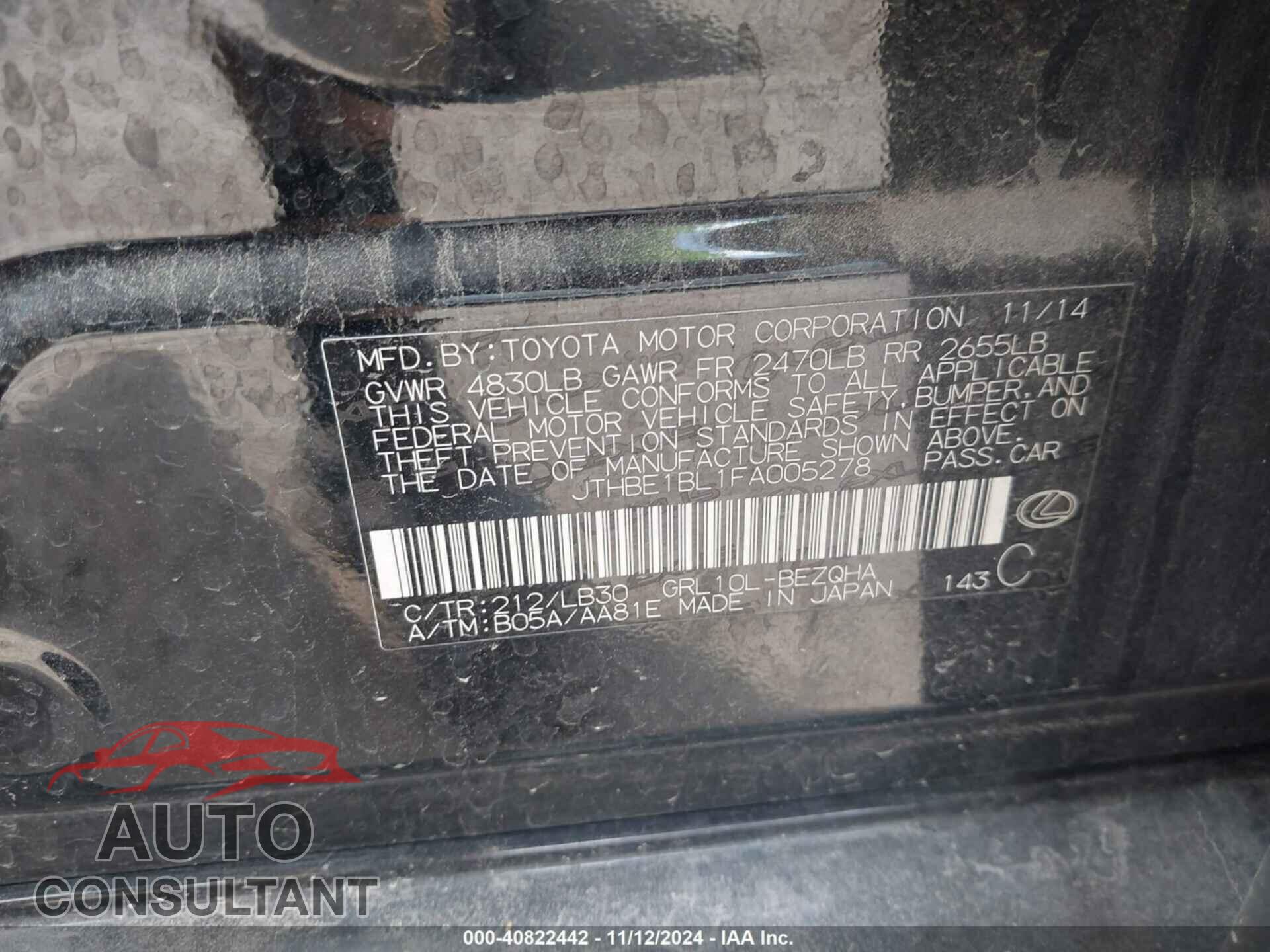 LEXUS GS 2015 - JTHBE1BL1FA005278