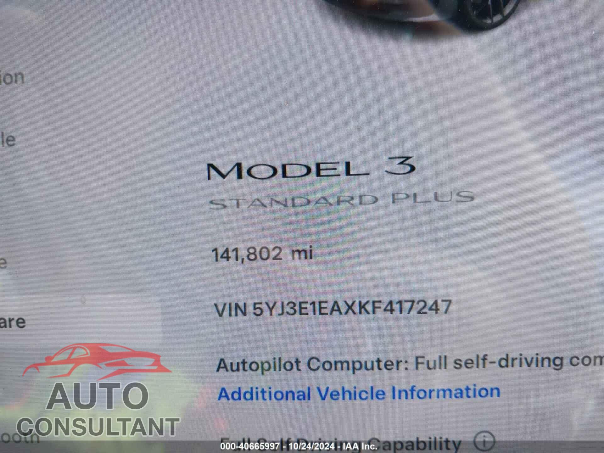 TESLA MODEL 3 2019 - 5YJ3E1EAXKF417247