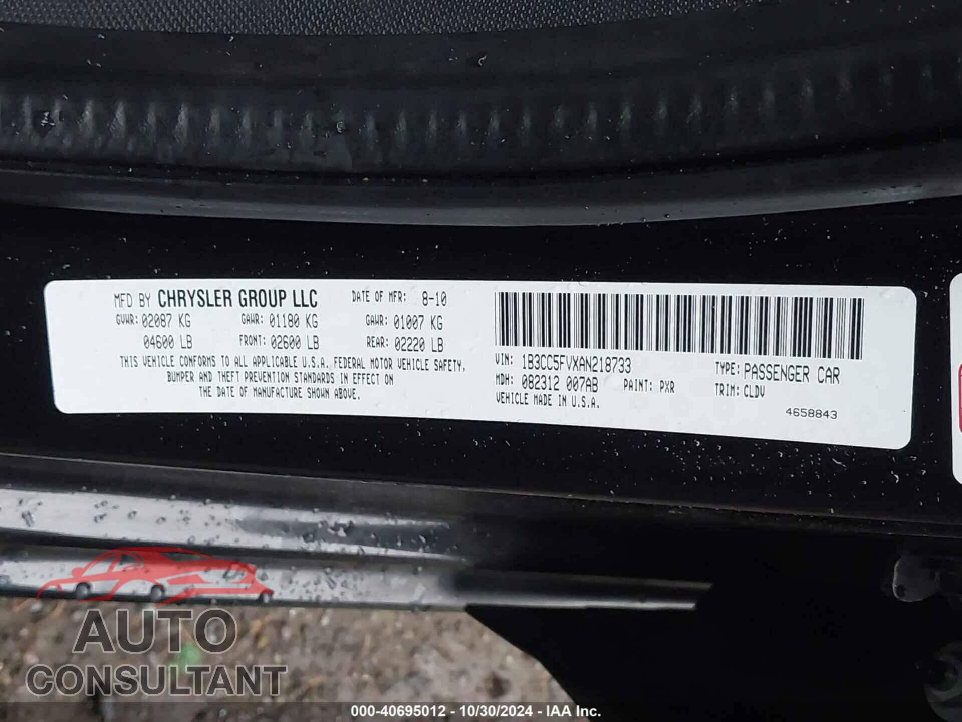 DODGE AVENGER 2010 - 1B3CC5FVXAN218733