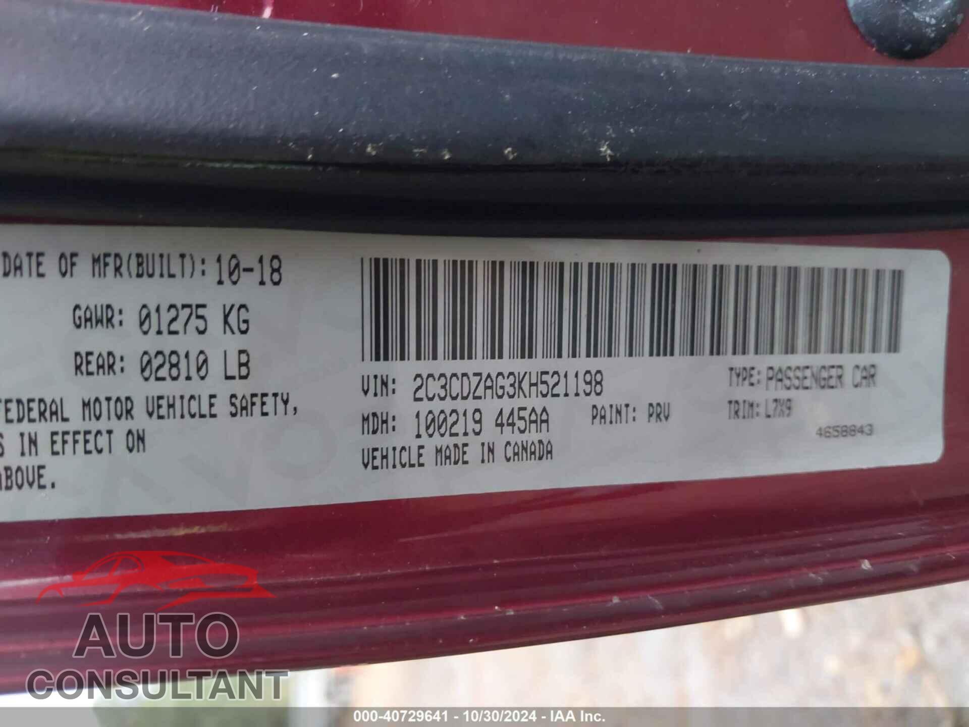 DODGE CHALLENGER 2019 - 2C3CDZAG3KH521198