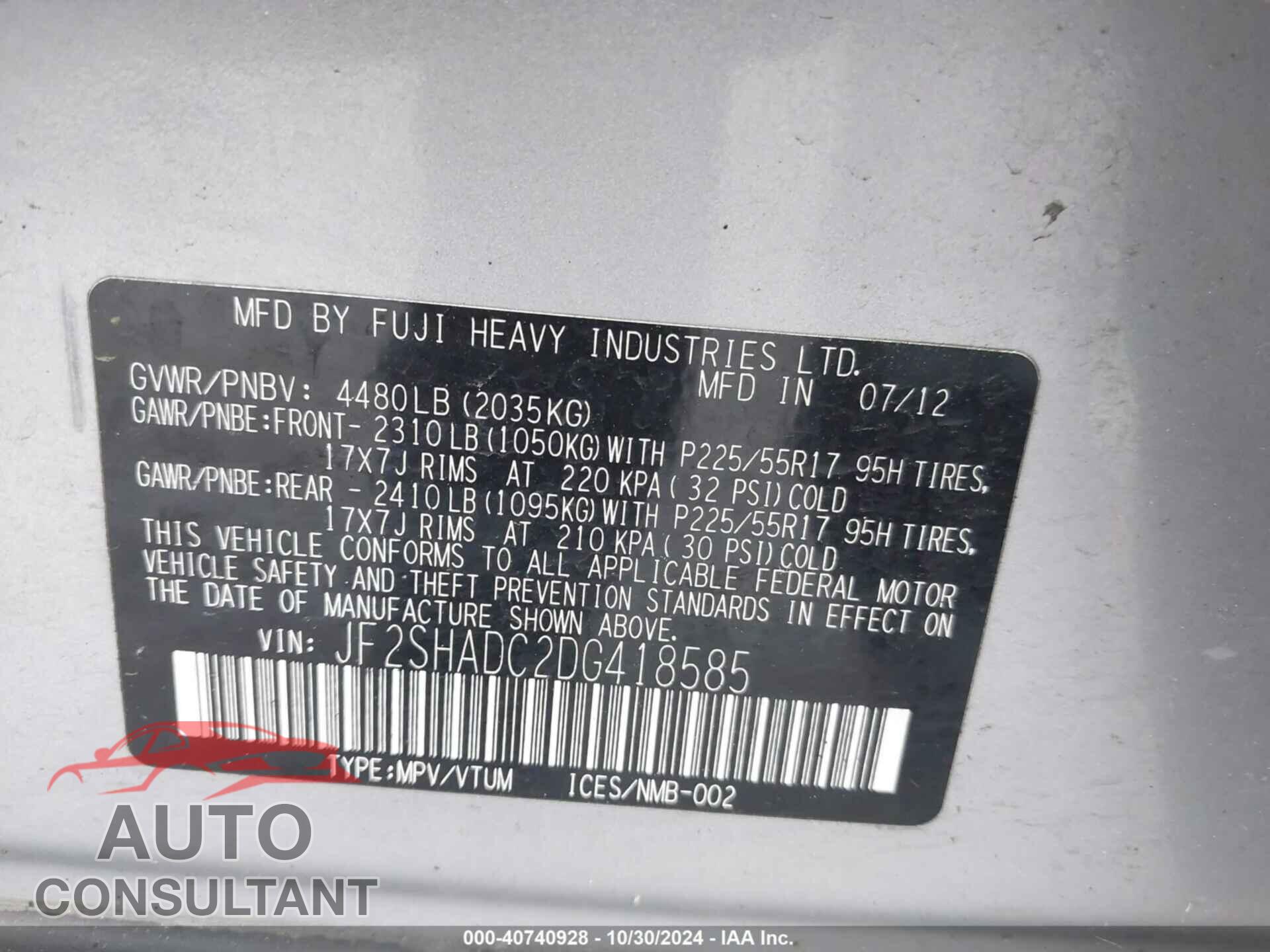 SUBARU FORESTER 2013 - JF2SHADC2DG418585