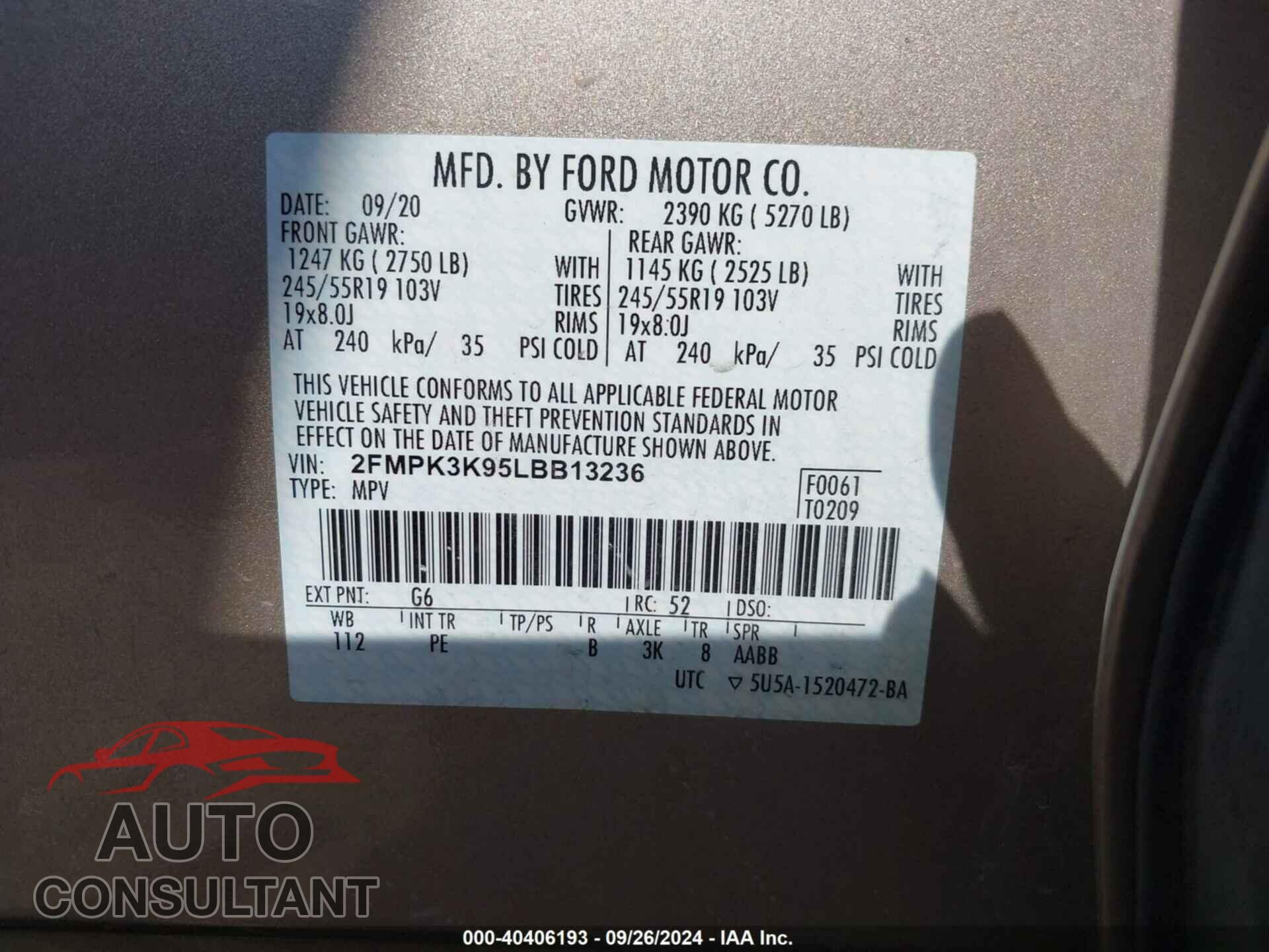 FORD EDGE 2020 - 2FMPK3K95LBB13236