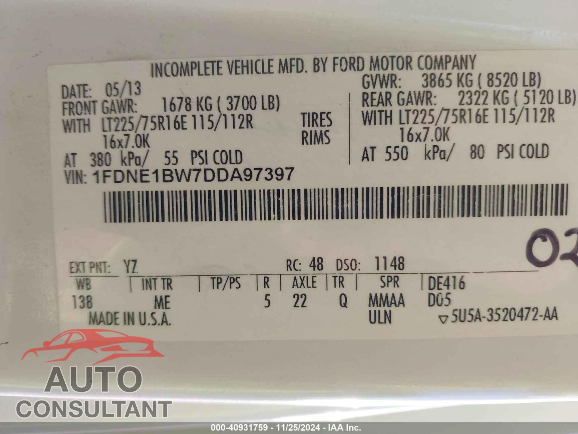 FORD E-150 2013 - 1FDNE1BW7DDA97397