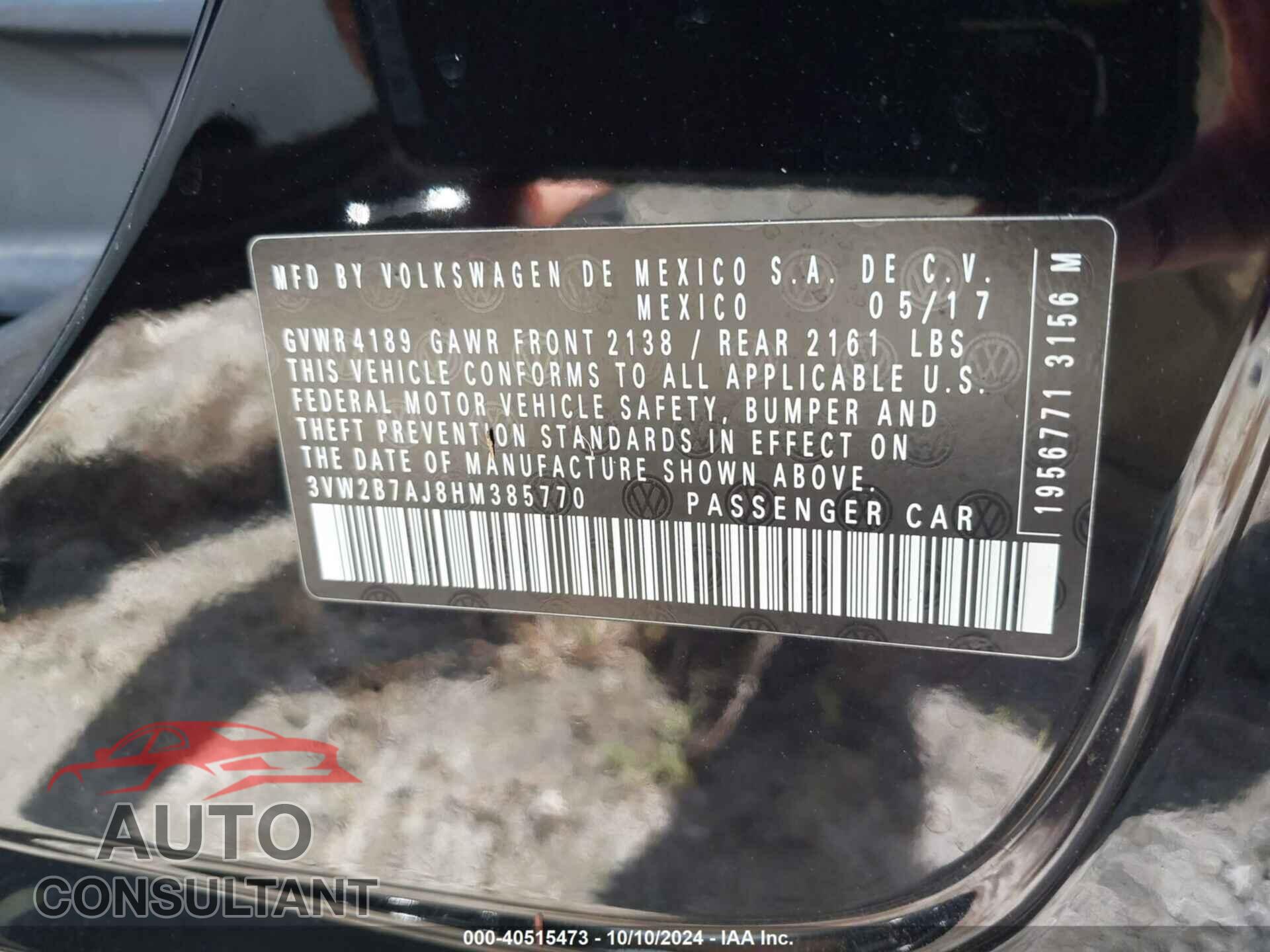 VOLKSWAGEN JETTA 2017 - 3VW2B7AJ8HM385770
