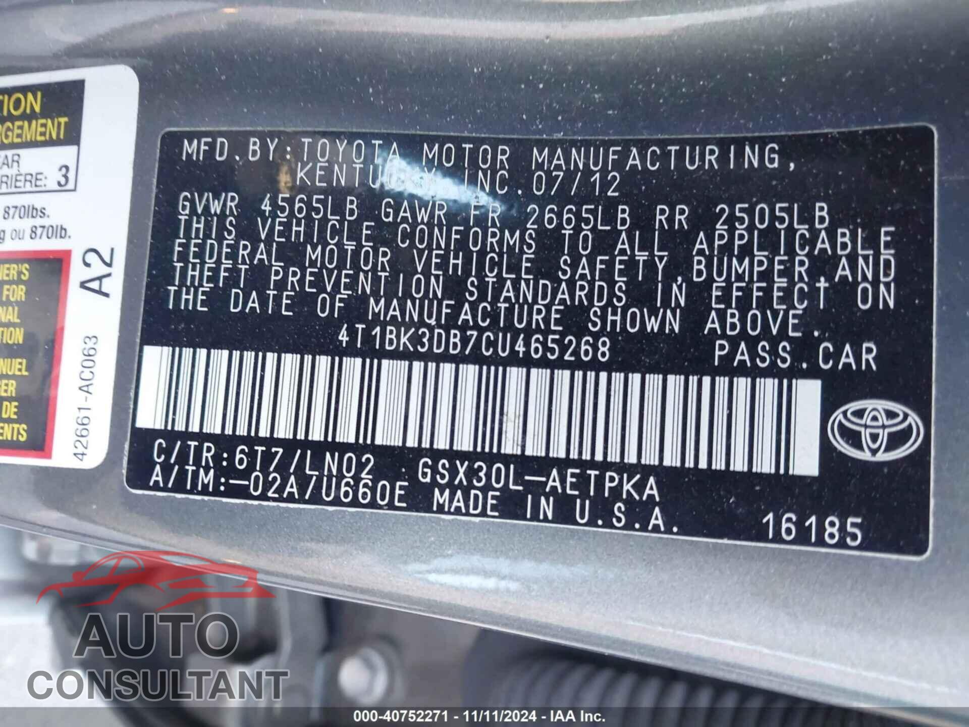 TOYOTA AVALON 2012 - 4T1BK3DB7CU465268