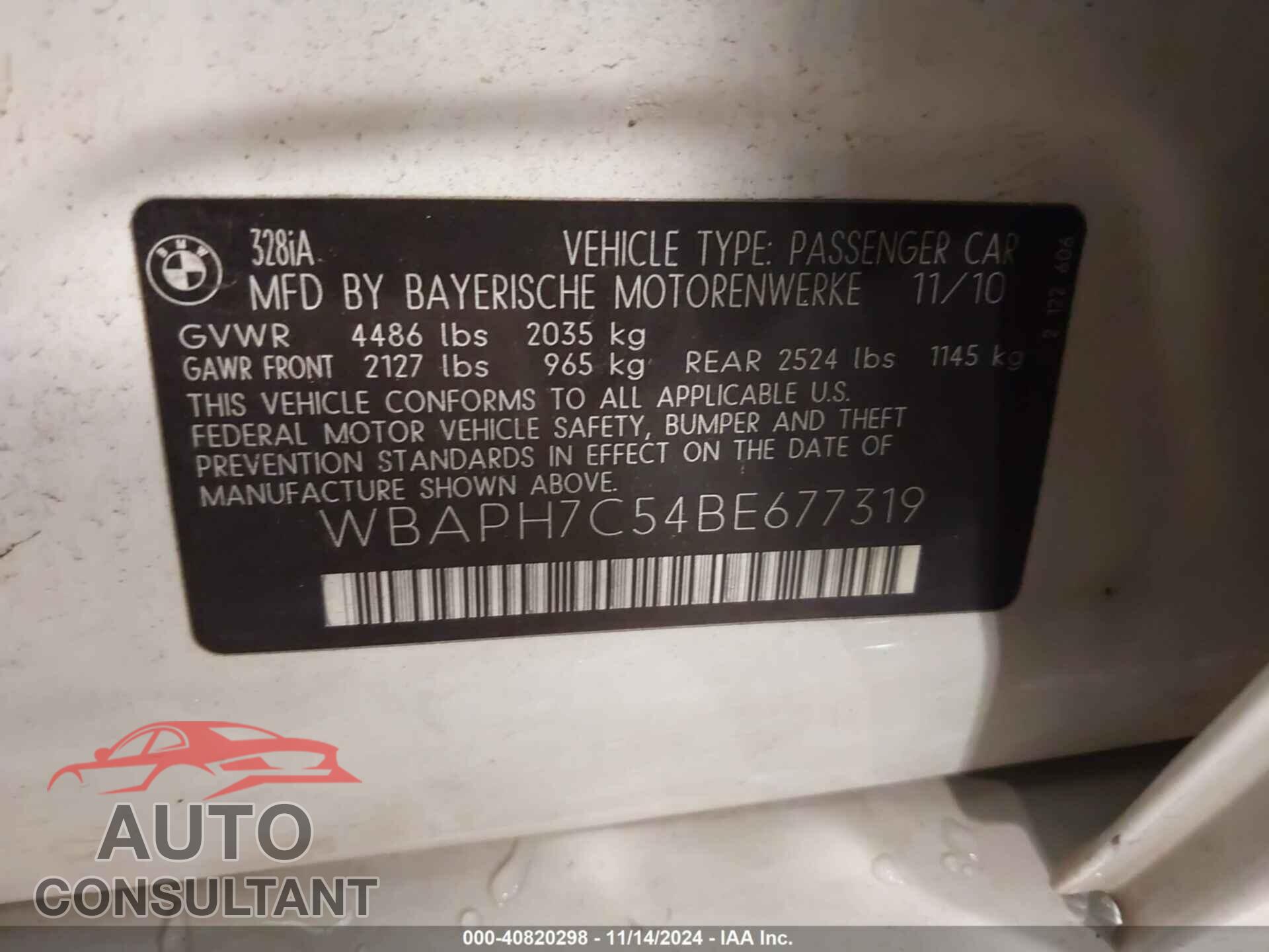 BMW 328I 2011 - WBAPH7C54BE677319