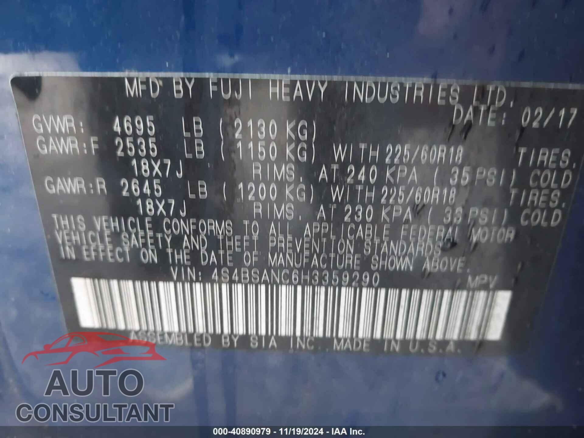 SUBARU OUTBACK 2017 - 4S4BSANC6H3359290