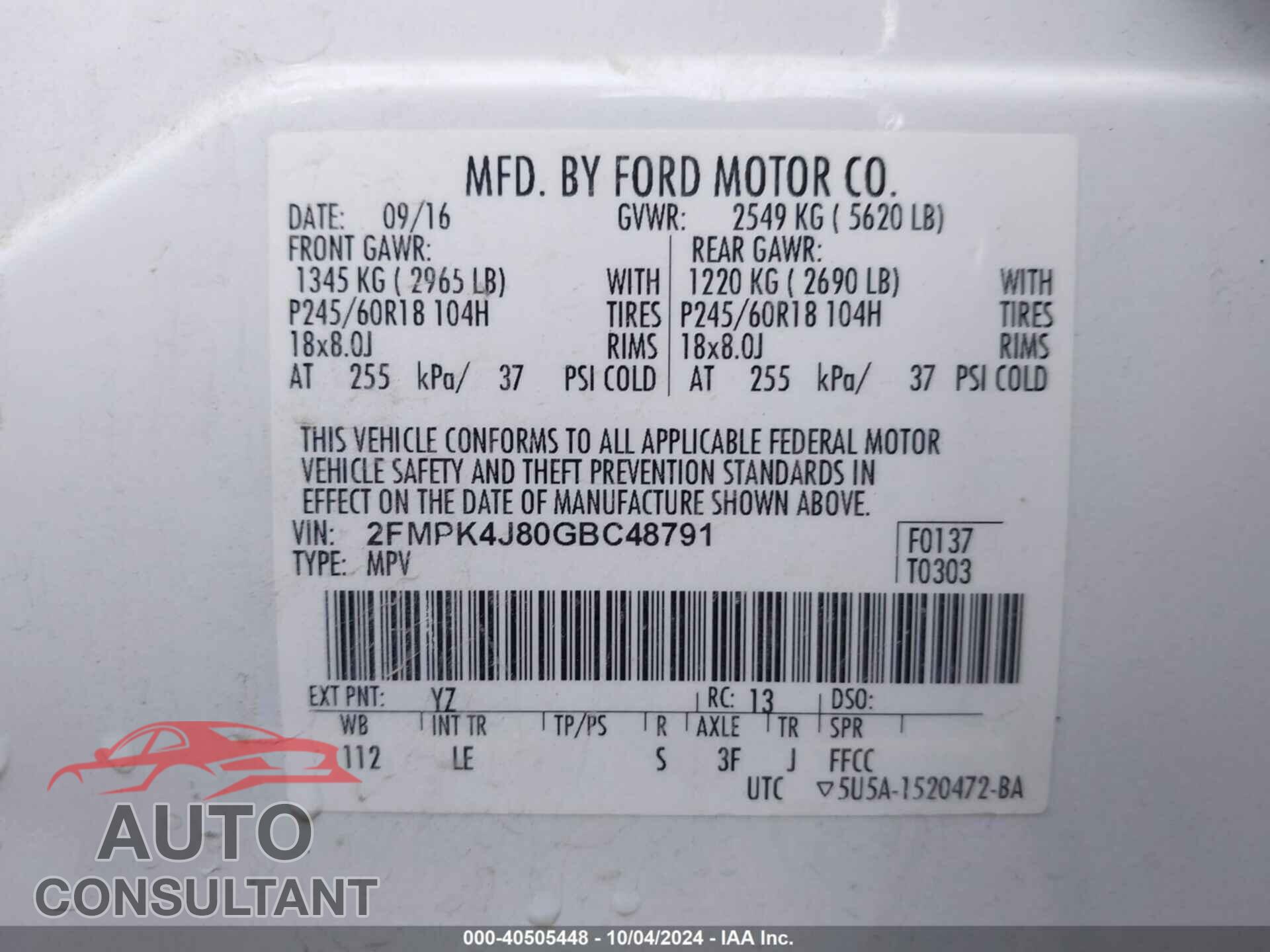 FORD EDGE 2016 - 2FMPK4J80GBC48791