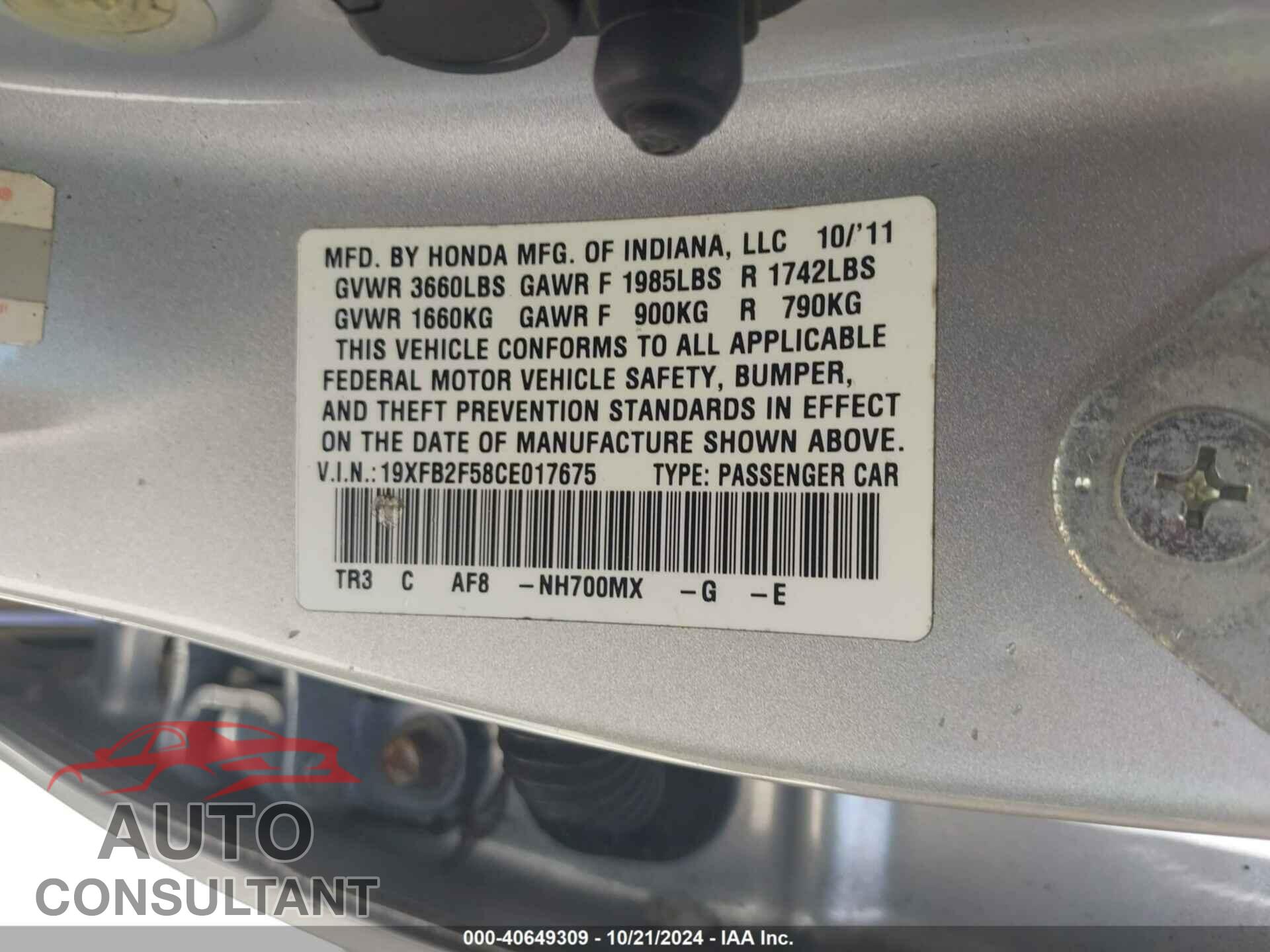 HONDA CIVIC SDN 2012 - 19XFB2F58CE017675