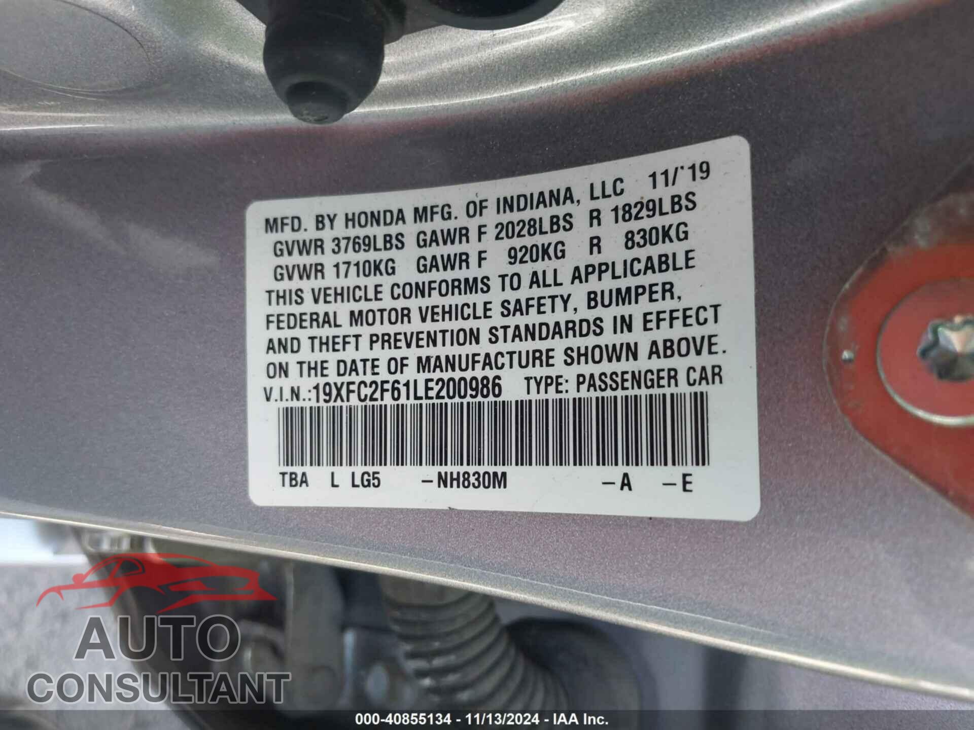 HONDA CIVIC 2020 - 19XFC2F61LE200986