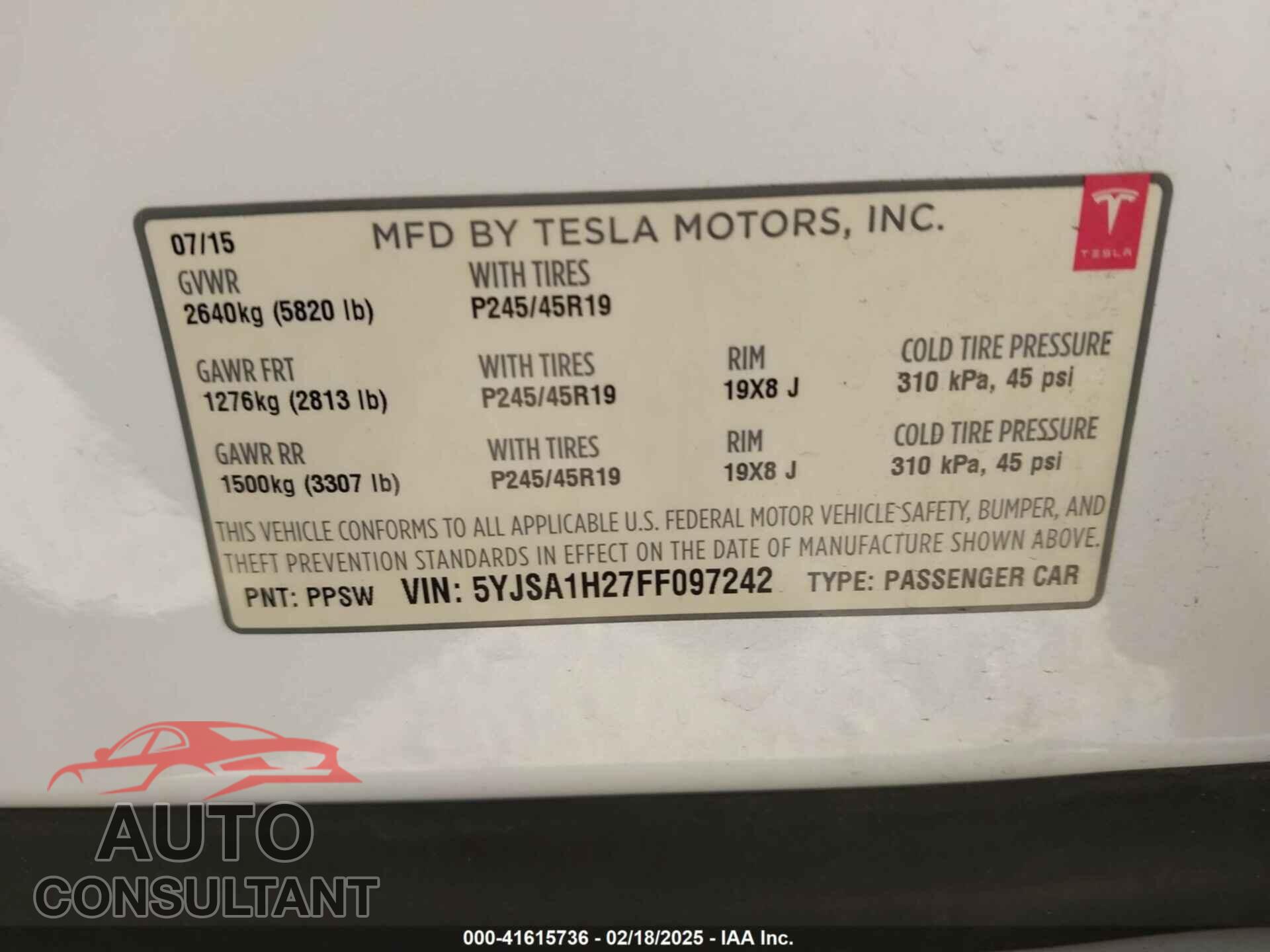 TESLA MODEL S 2015 - 5YJSA1H27FF097242