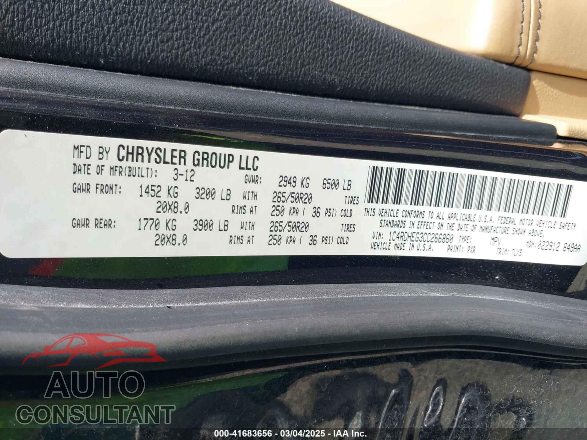 DODGE DURANGO 2012 - 1C4RDHEG3CC266860