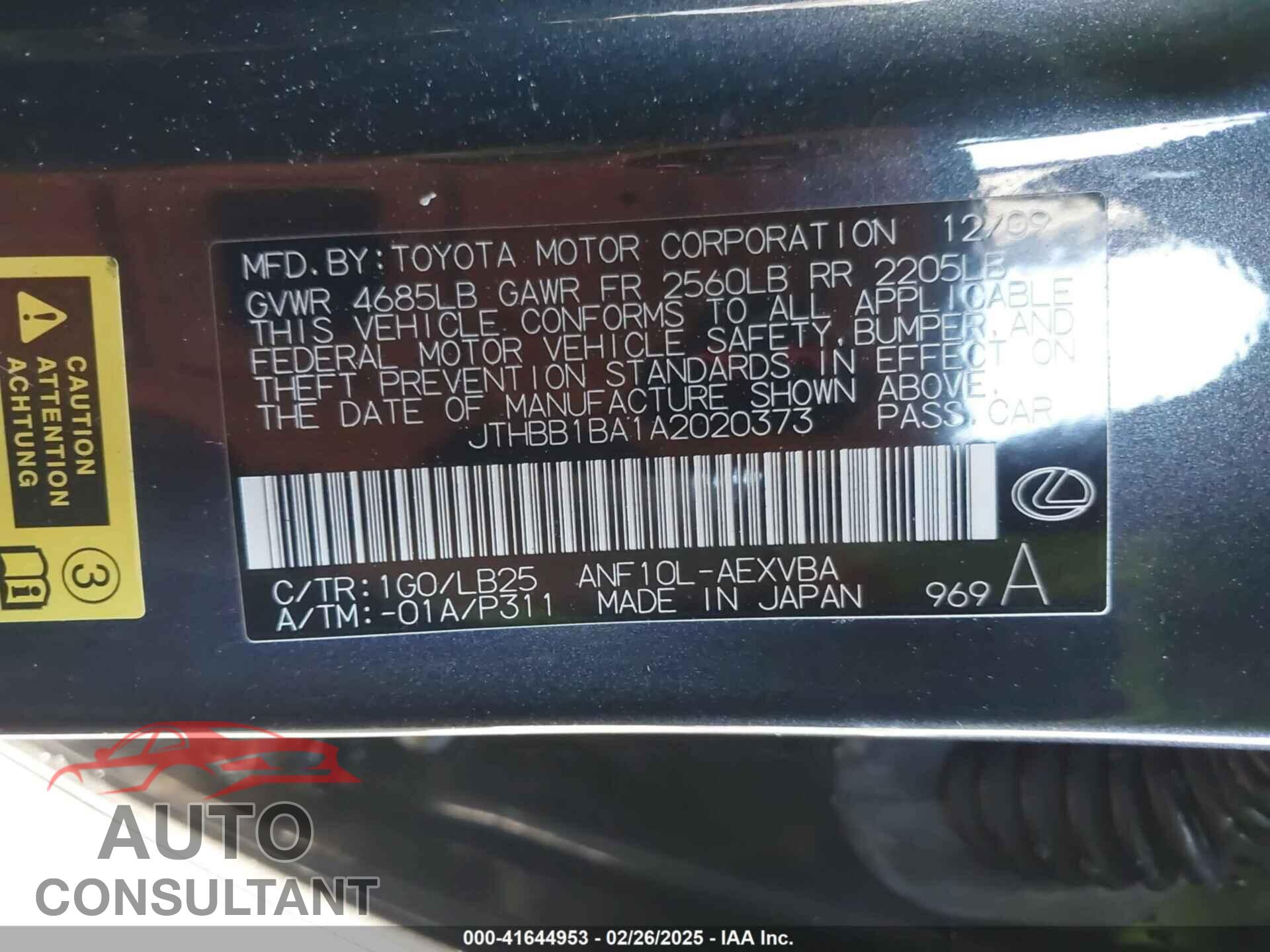 LEXUS HS 250H 2010 - JTHBB1BA1A2020373
