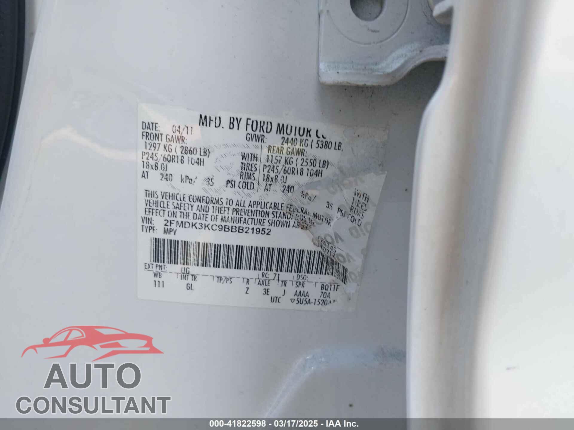 FORD EDGE 2011 - 2FMDK3KC9BBB21952