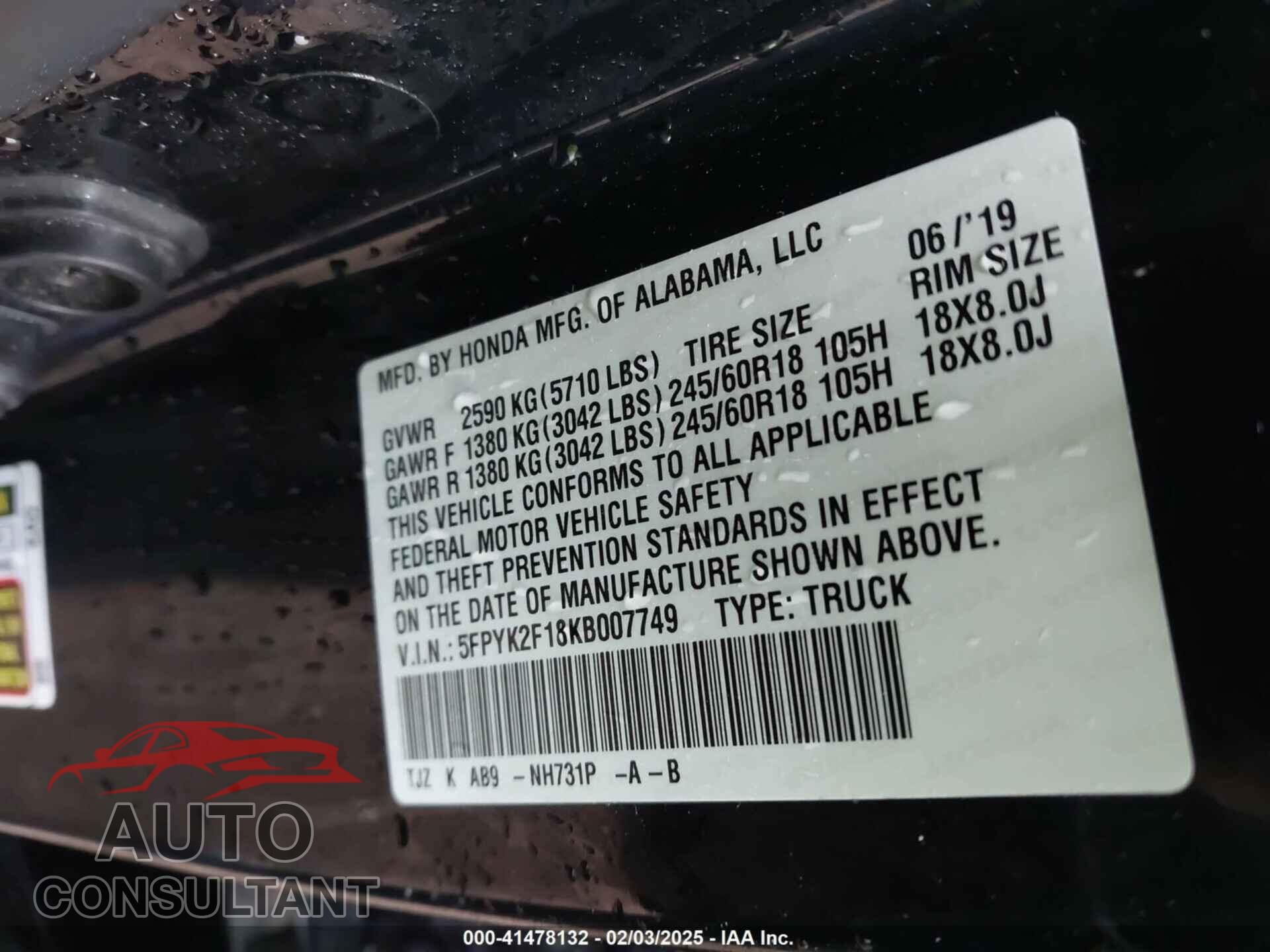 HONDA RIDGELINE 2019 - 5FPYK2F18KB007749
