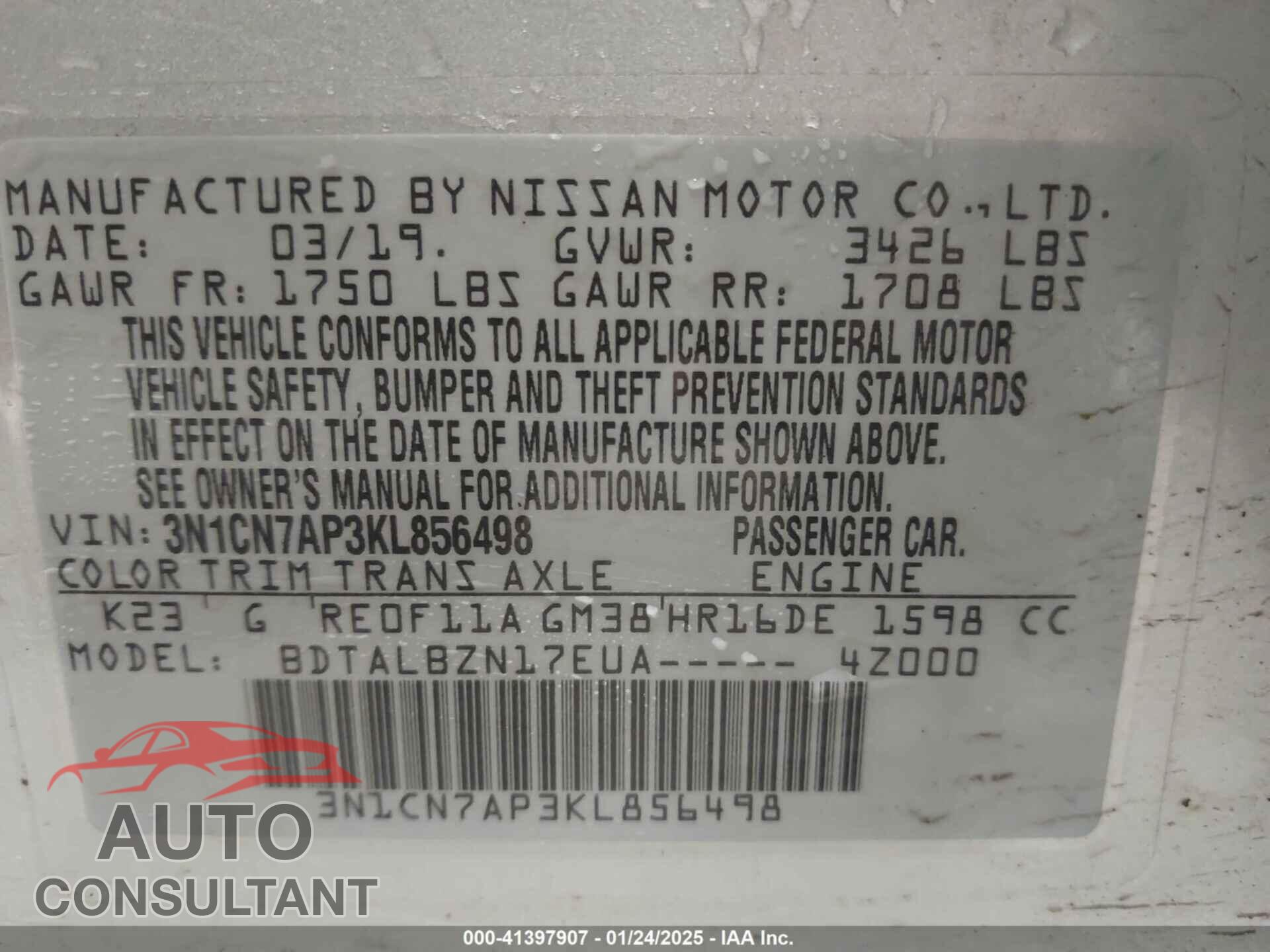 NISSAN VERSA 2019 - 3N1CN7AP3KL856498