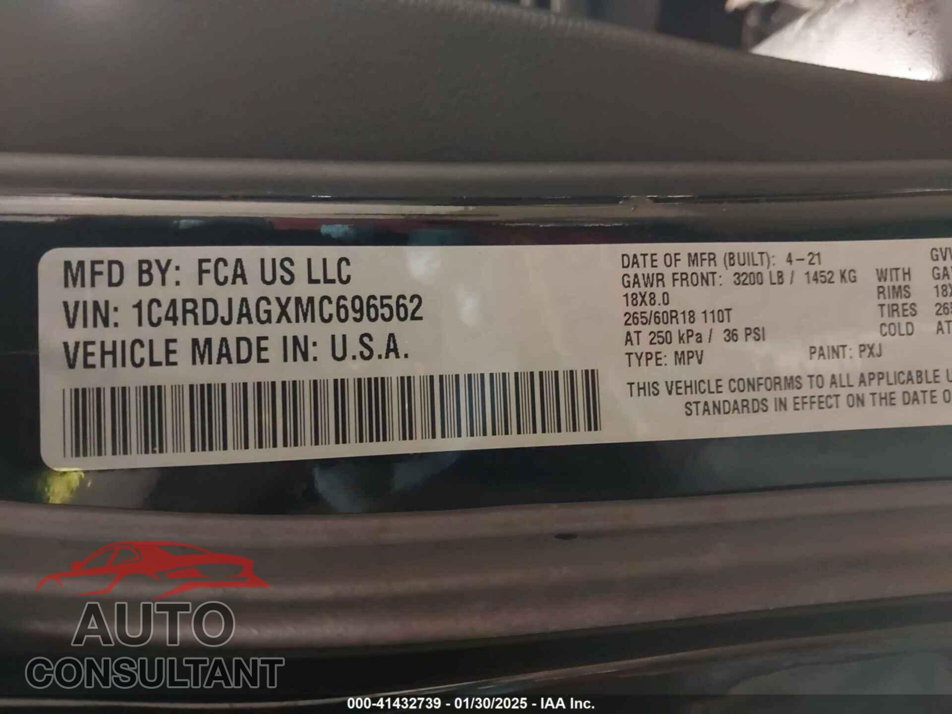 DODGE DURANGO 2021 - 1C4RDJAGXMC696562