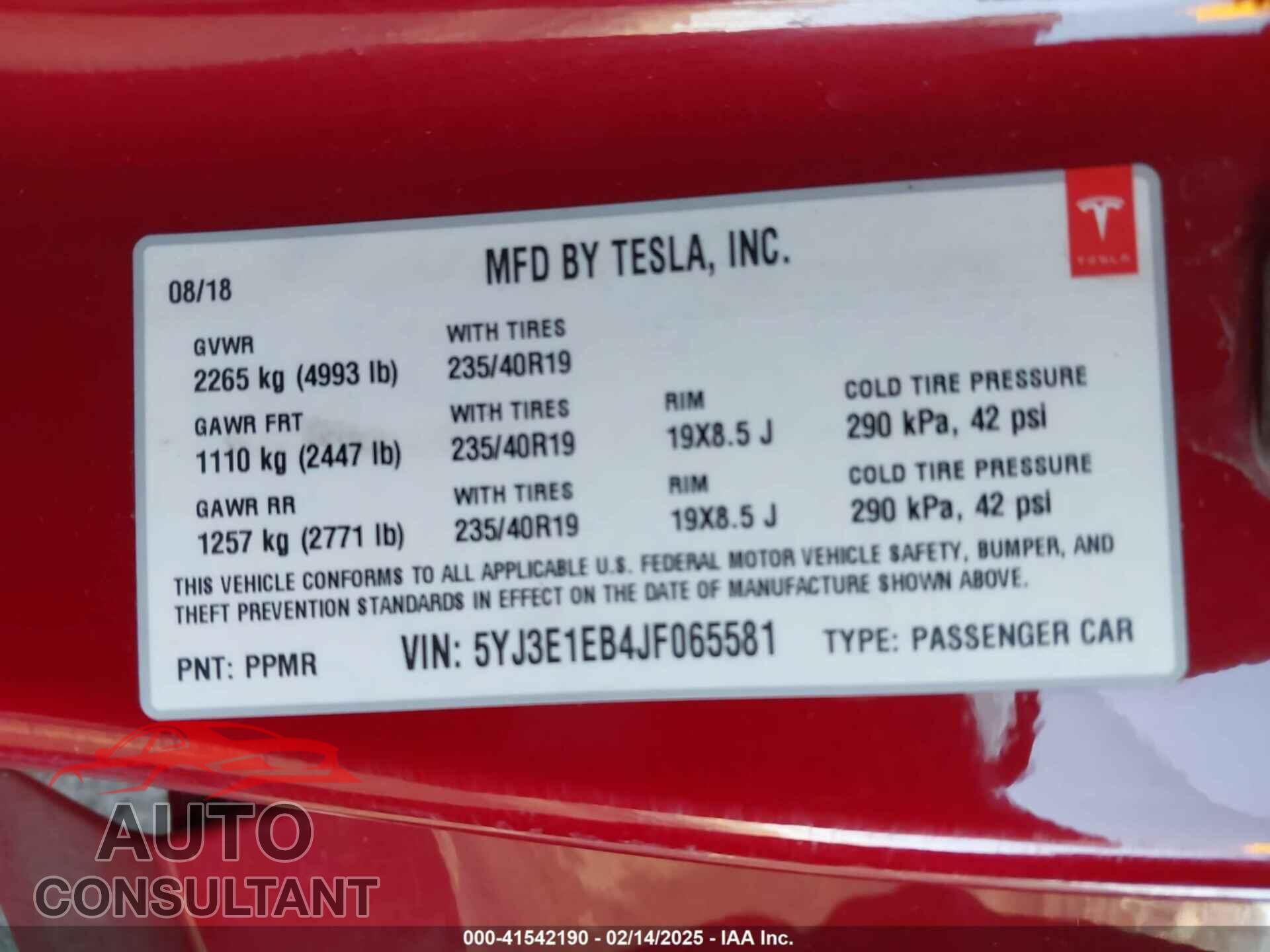 TESLA MODEL 3 2018 - 5YJ3E1EB4JF065581