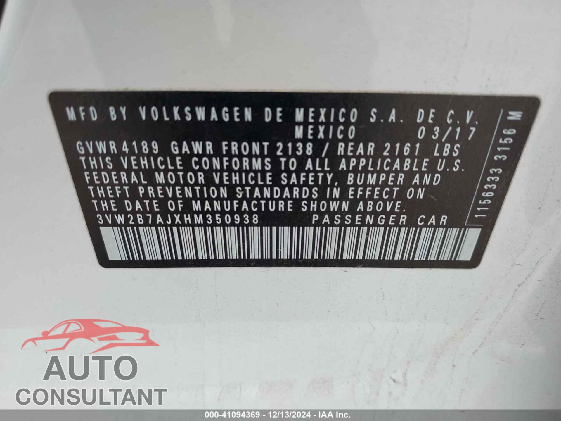 VOLKSWAGEN JETTA 2017 - 3VW2B7AJXHM350938