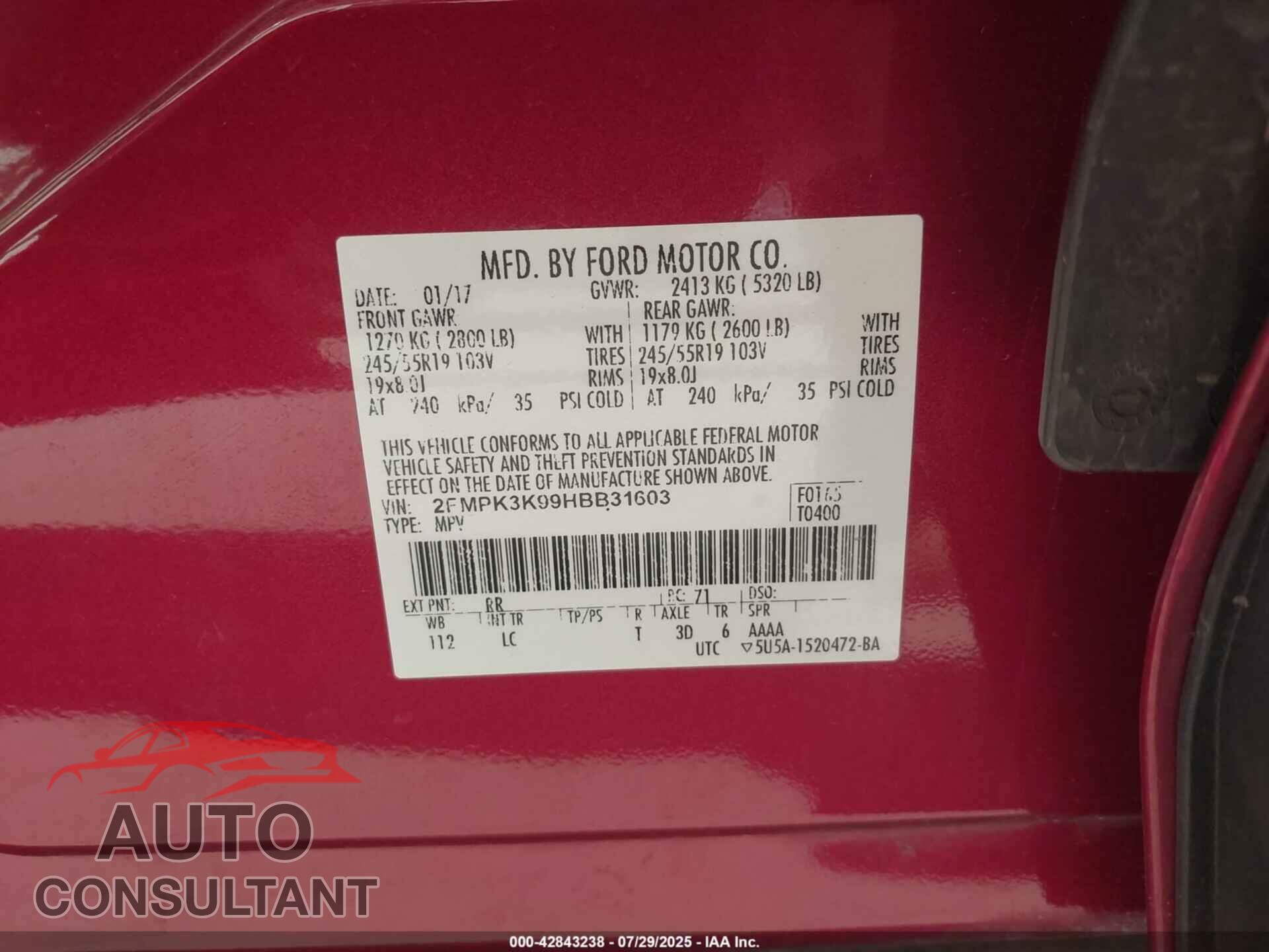 FORD EDGE 2017 - 2FMPK3K99HBB31603