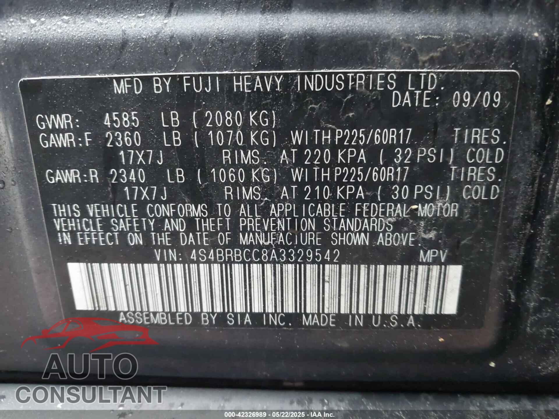 SUBARU OUTBACK 2010 - 4S4BRBCC8A3329542