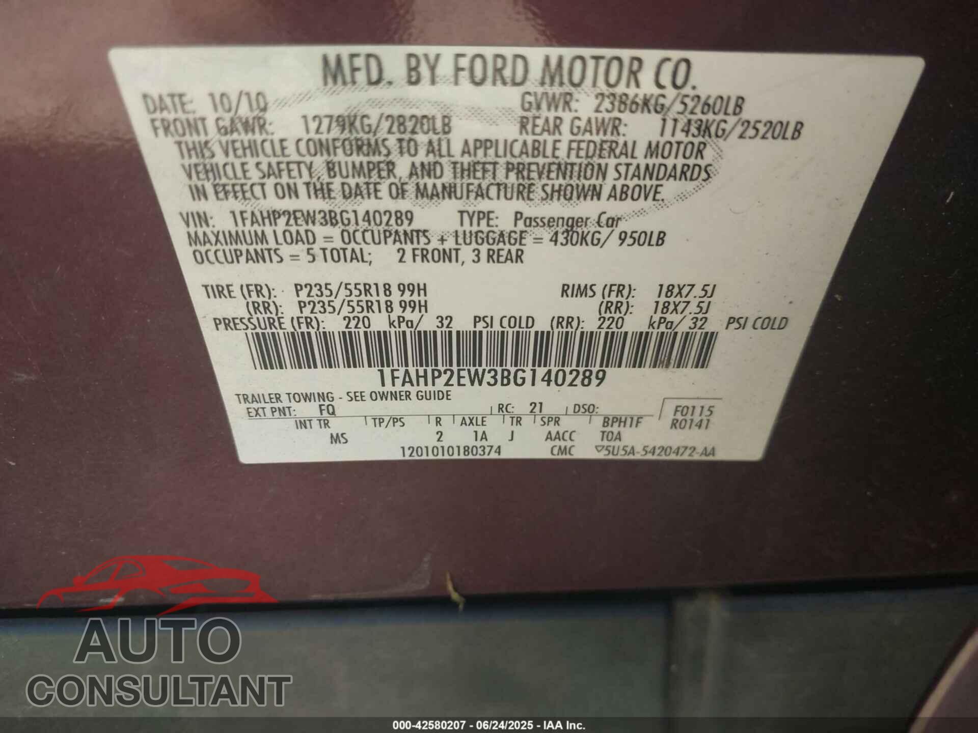 FORD TAURUS 2011 - 1FAHP2EW3BG140289