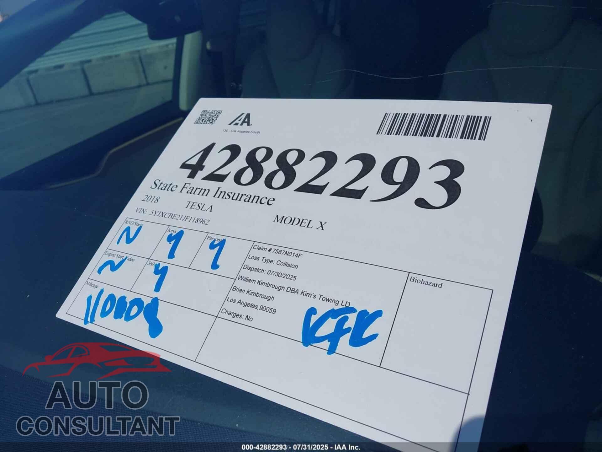 TESLA MODEL X 2018 - 5YJXCBE21JF118962