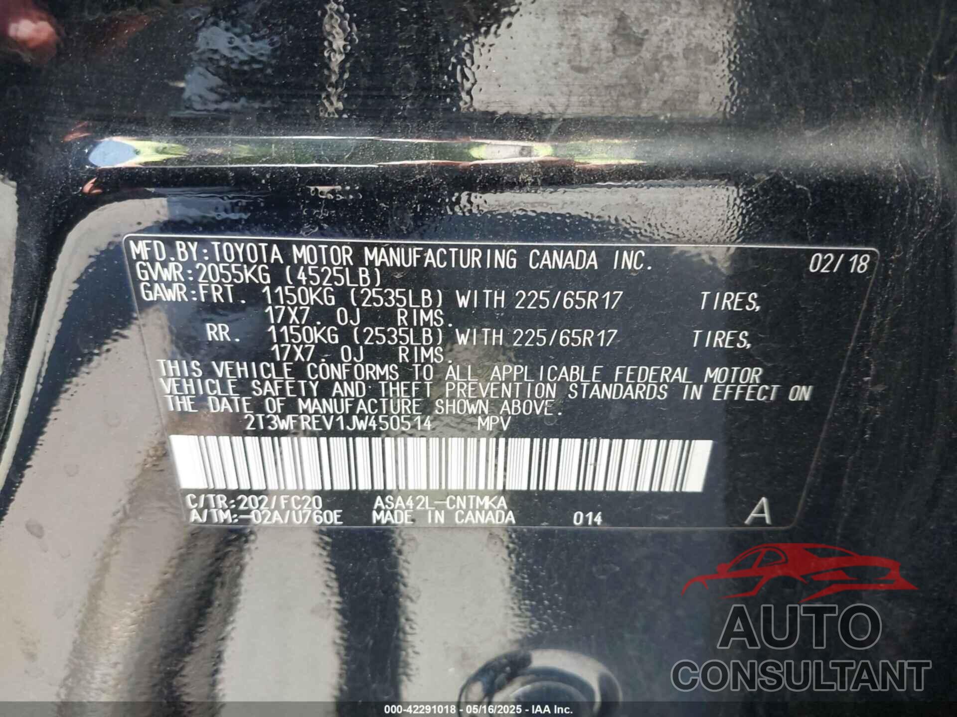 TOYOTA RAV4 2018 - 2T3WFREV1JW450514