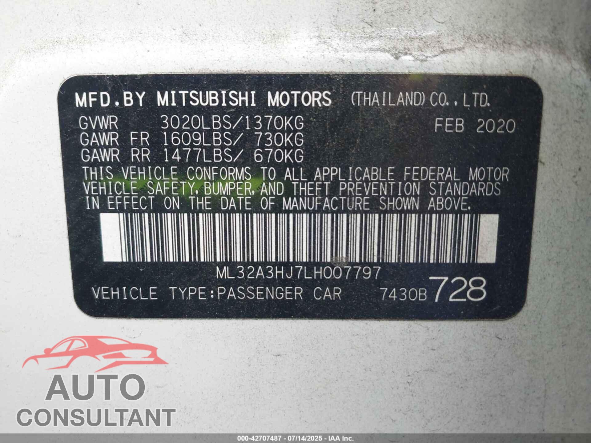 MITSUBISHI MIRAGE 2020 - ML32A3HJ7LH007797