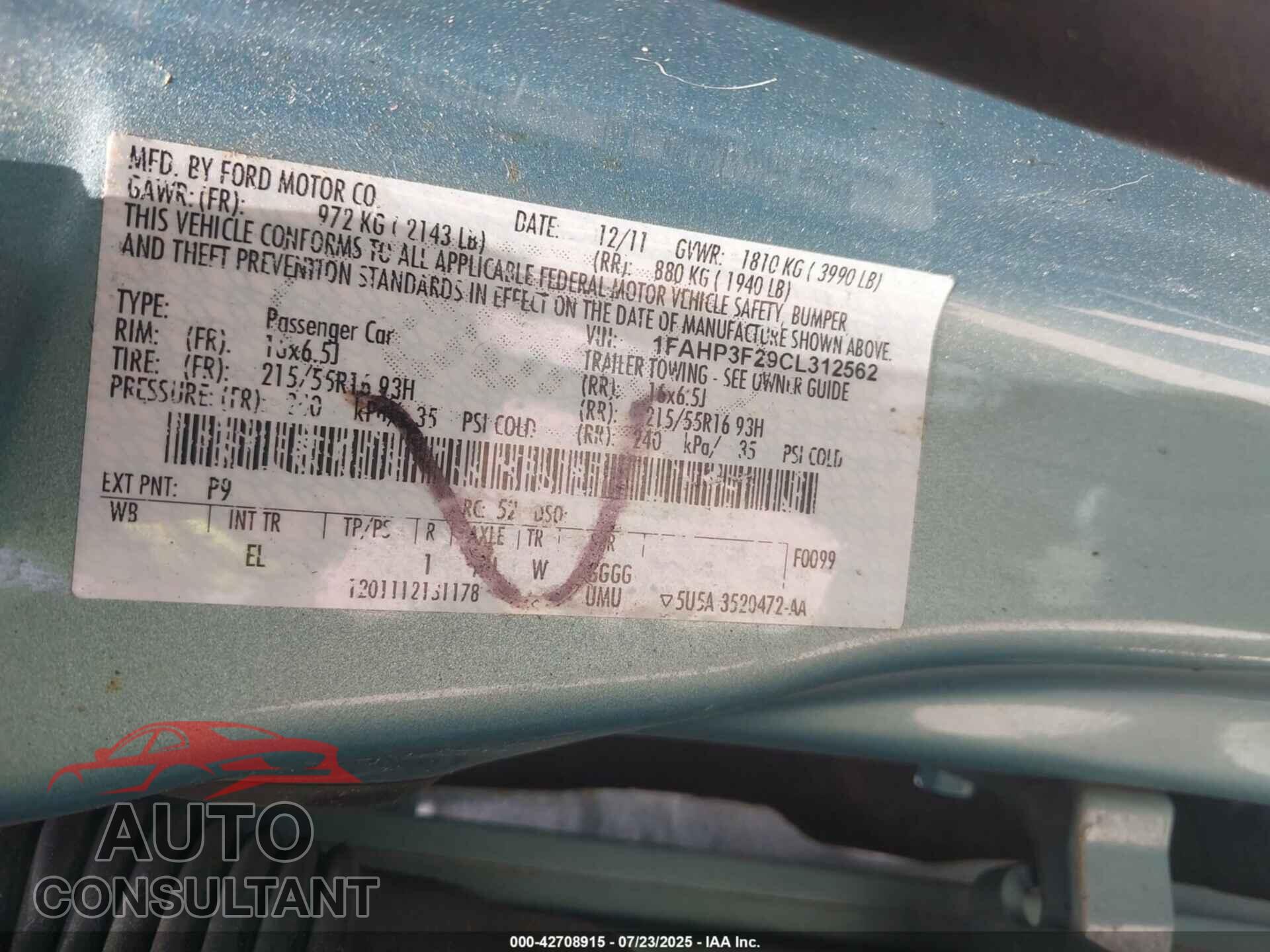 FORD FOCUS 2012 - 1FAHP3F29CL312562