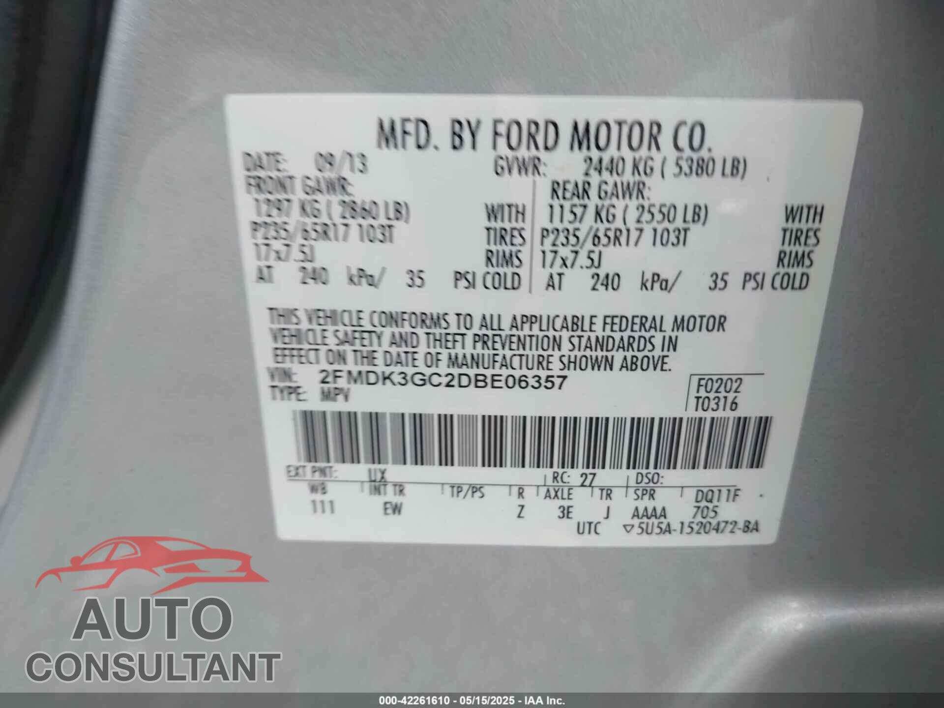 FORD EDGE 2013 - 2FMDK3GC2DBE06357