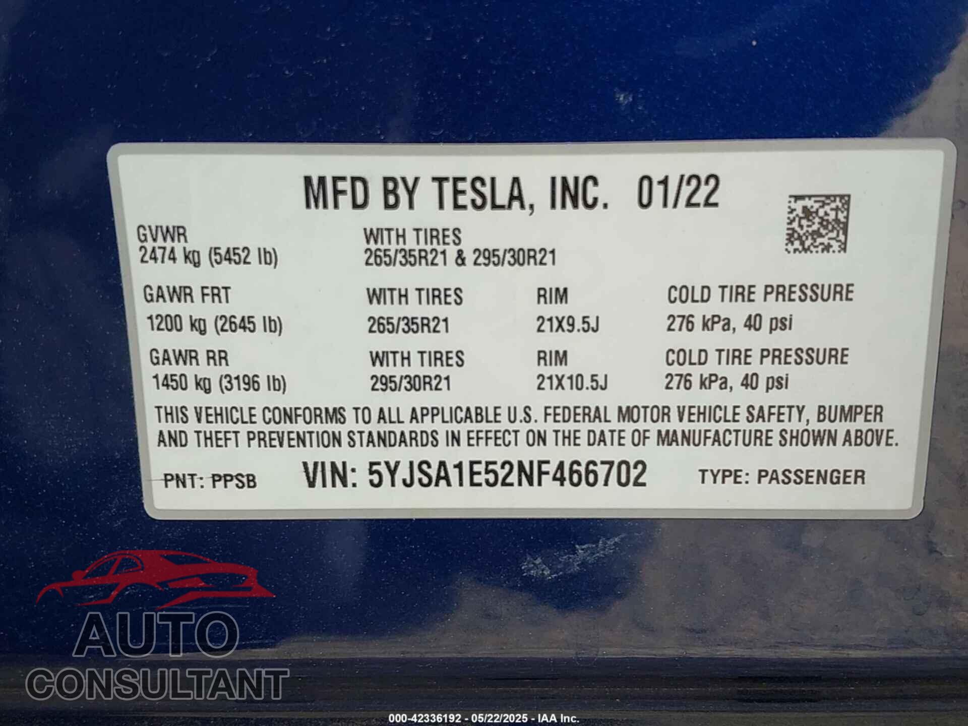 TESLA MODEL S 2022 - 5YJSA1E52NF466702