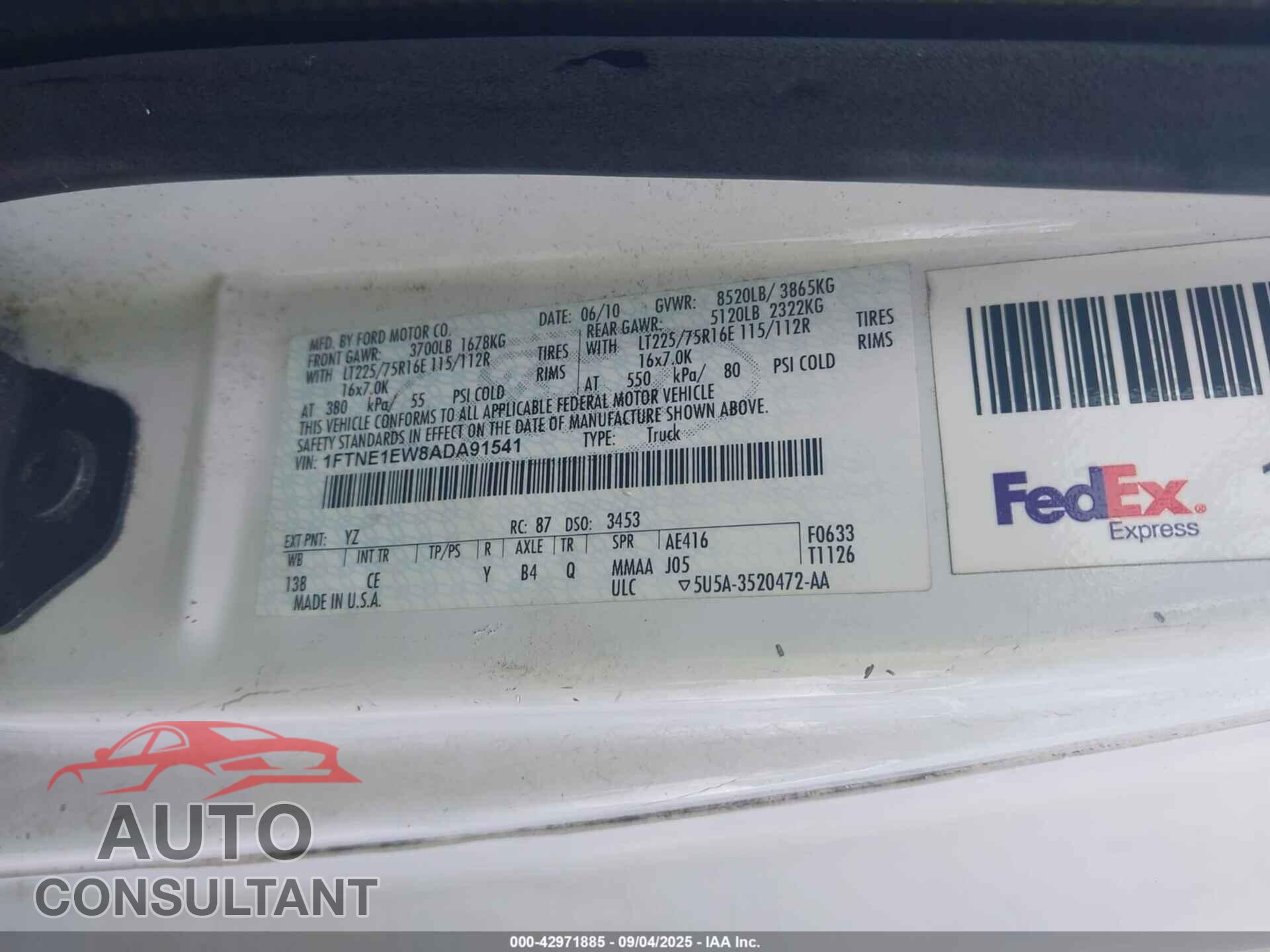 FORD E-150 2010 - 1FTNE1EW8ADA91541