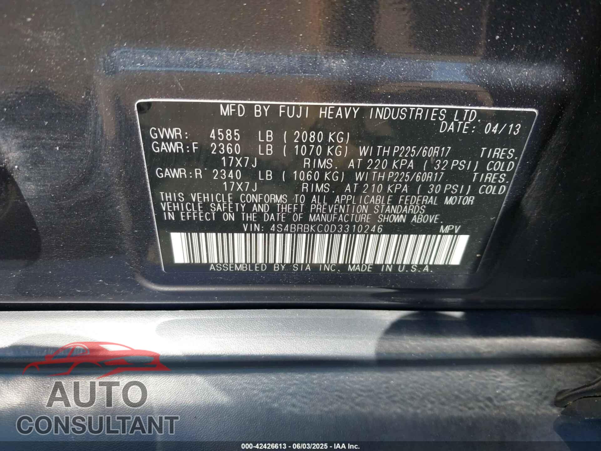 SUBARU OUTBACK 2013 - 4S4BRBKC0D3310246