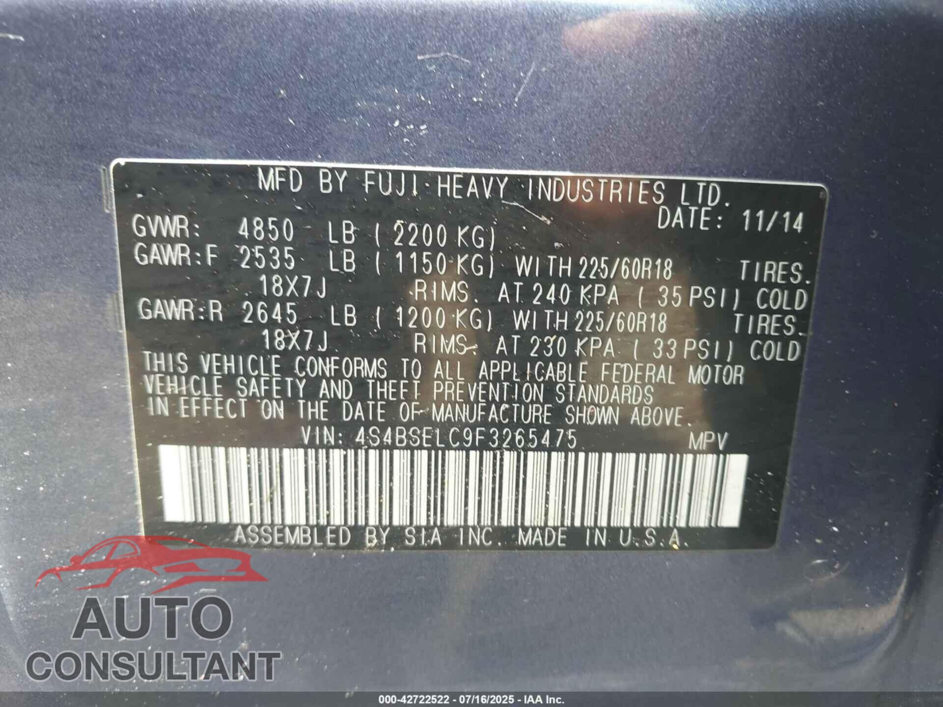 SUBARU OUTBACK 2015 - 4S4BSELC9F3265475