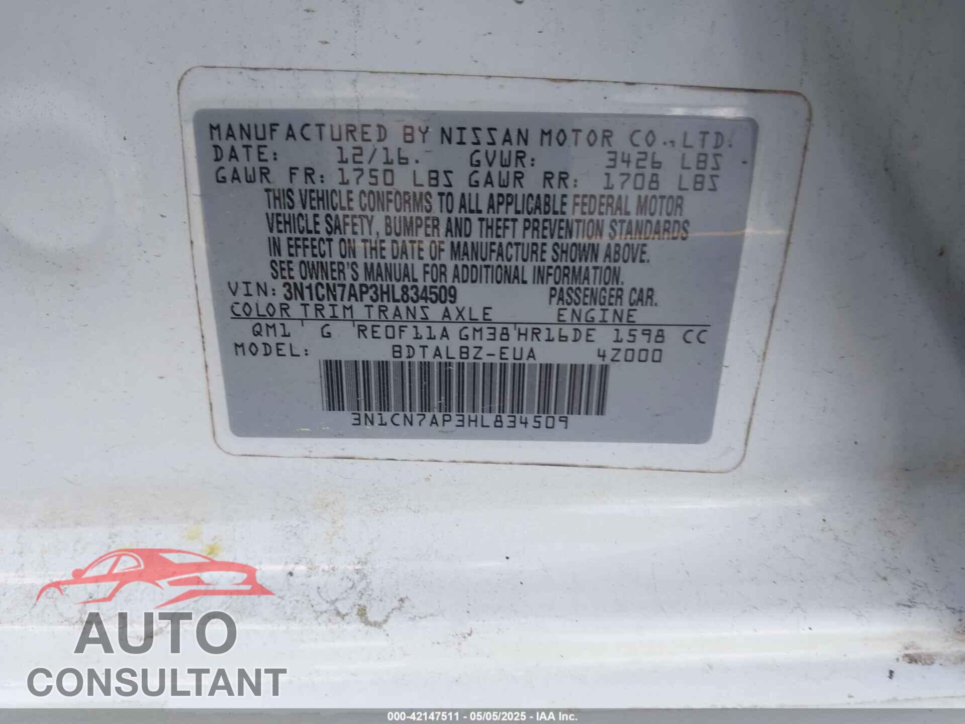 NISSAN VERSA 2017 - 3N1CN7AP3HL834509