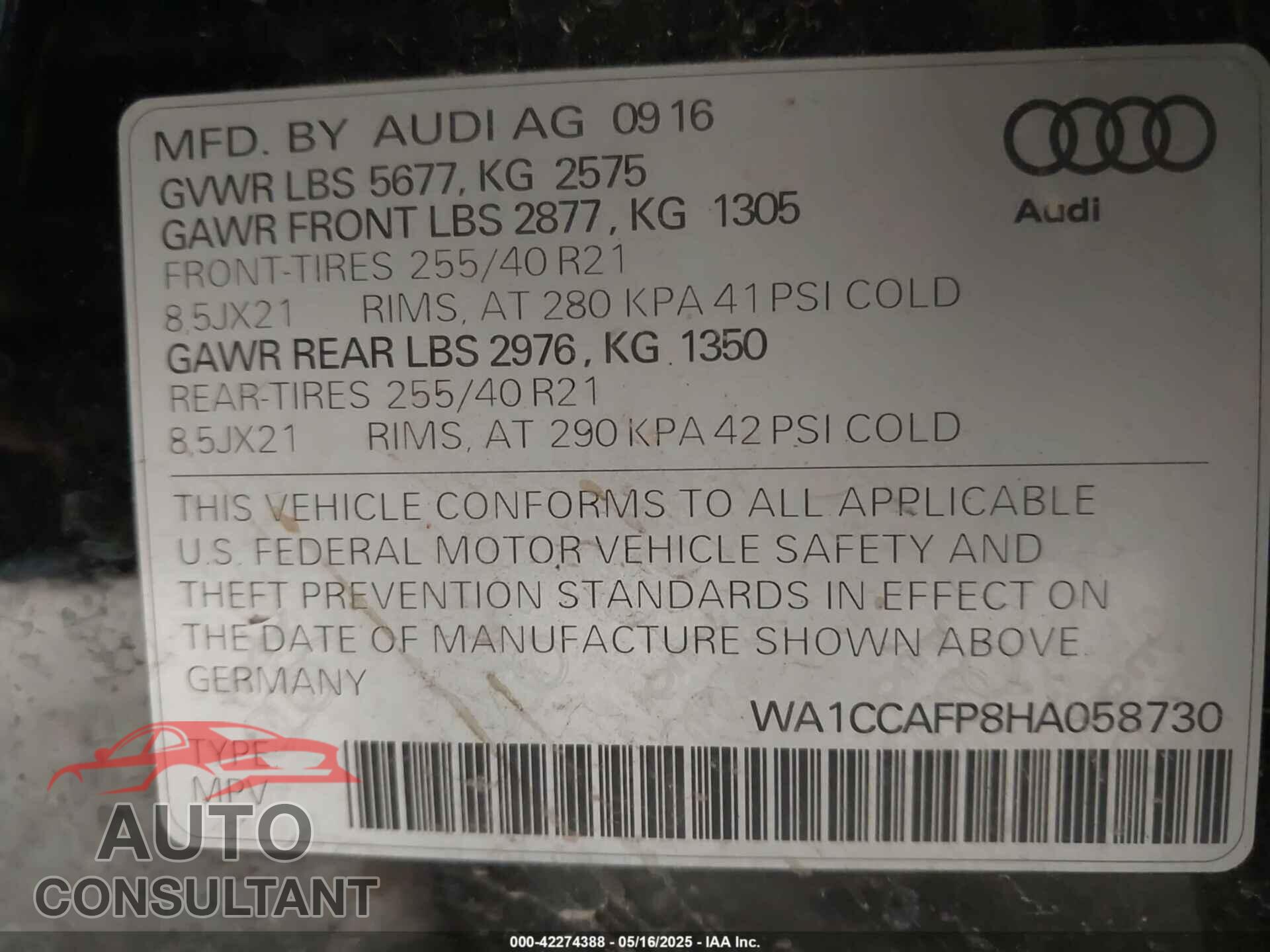 AUDI SQ5 2017 - WA1CCAFP8HA058730