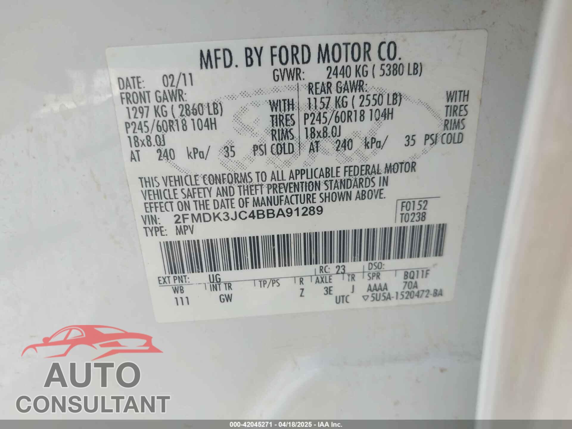 FORD EDGE 2011 - 2FMDK3JC4BBA91289